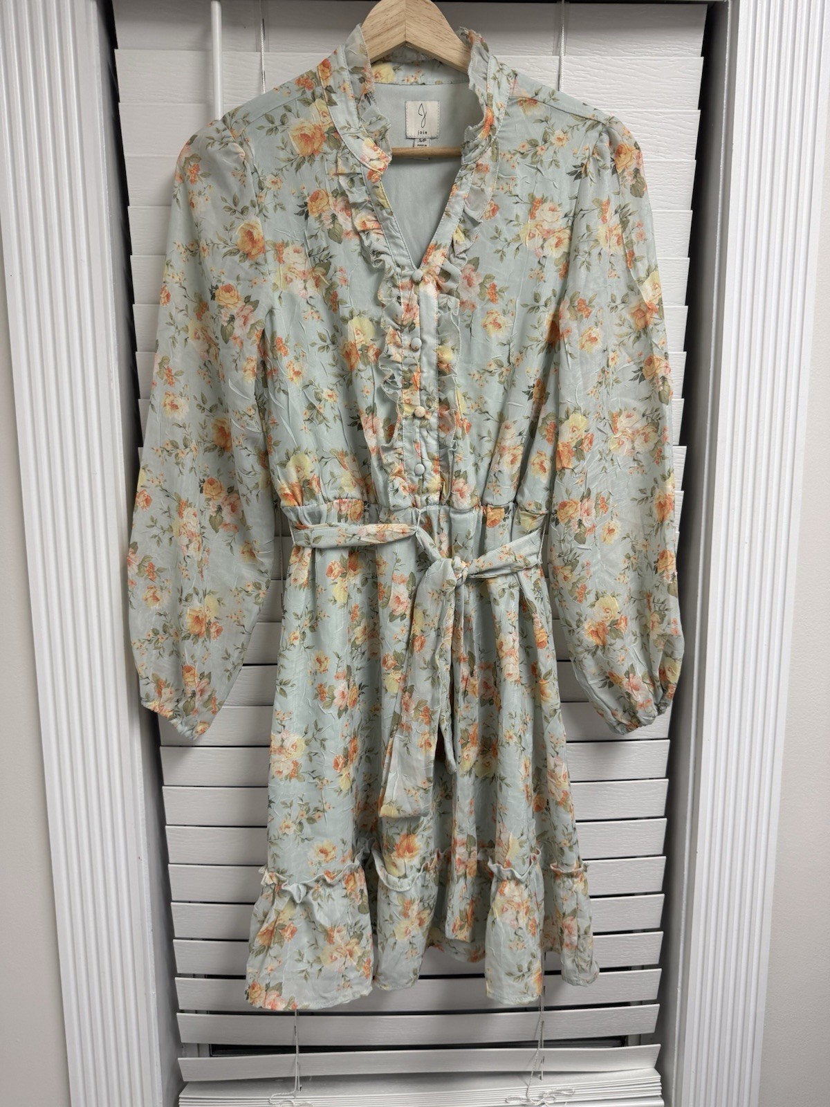 Joie Womens Green Floral V-Neck Long Sleeve Chiffon Ruffle Tie Mini Dress S