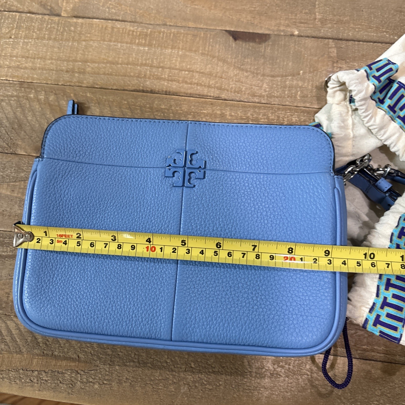 Tory Burch Light Blue Pebbled Leather Crossbody Tassel Logo