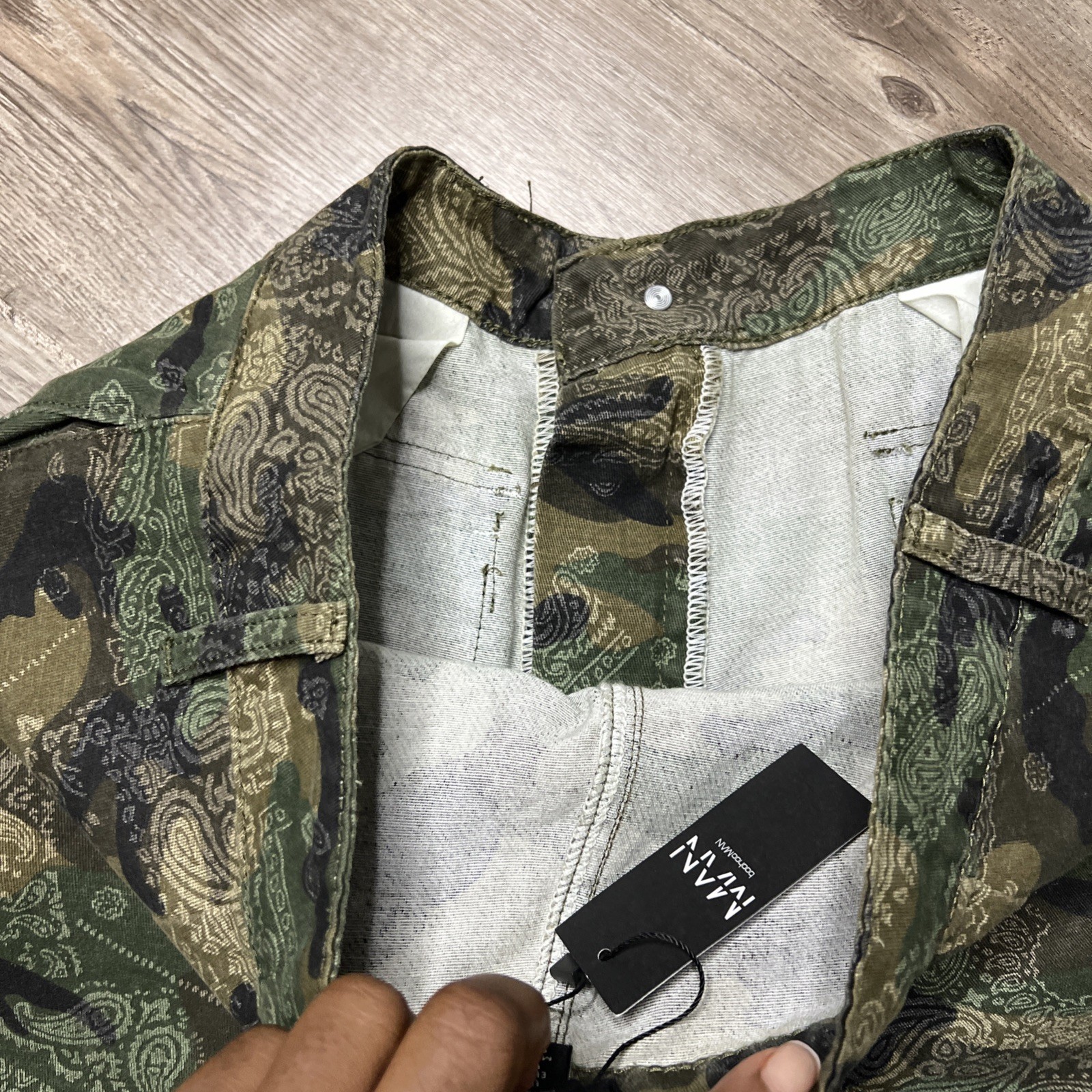 BoohooMan Stacked Pants Mens 32 Camo Bandana Print Cargo Pocket Flare Leg NWT