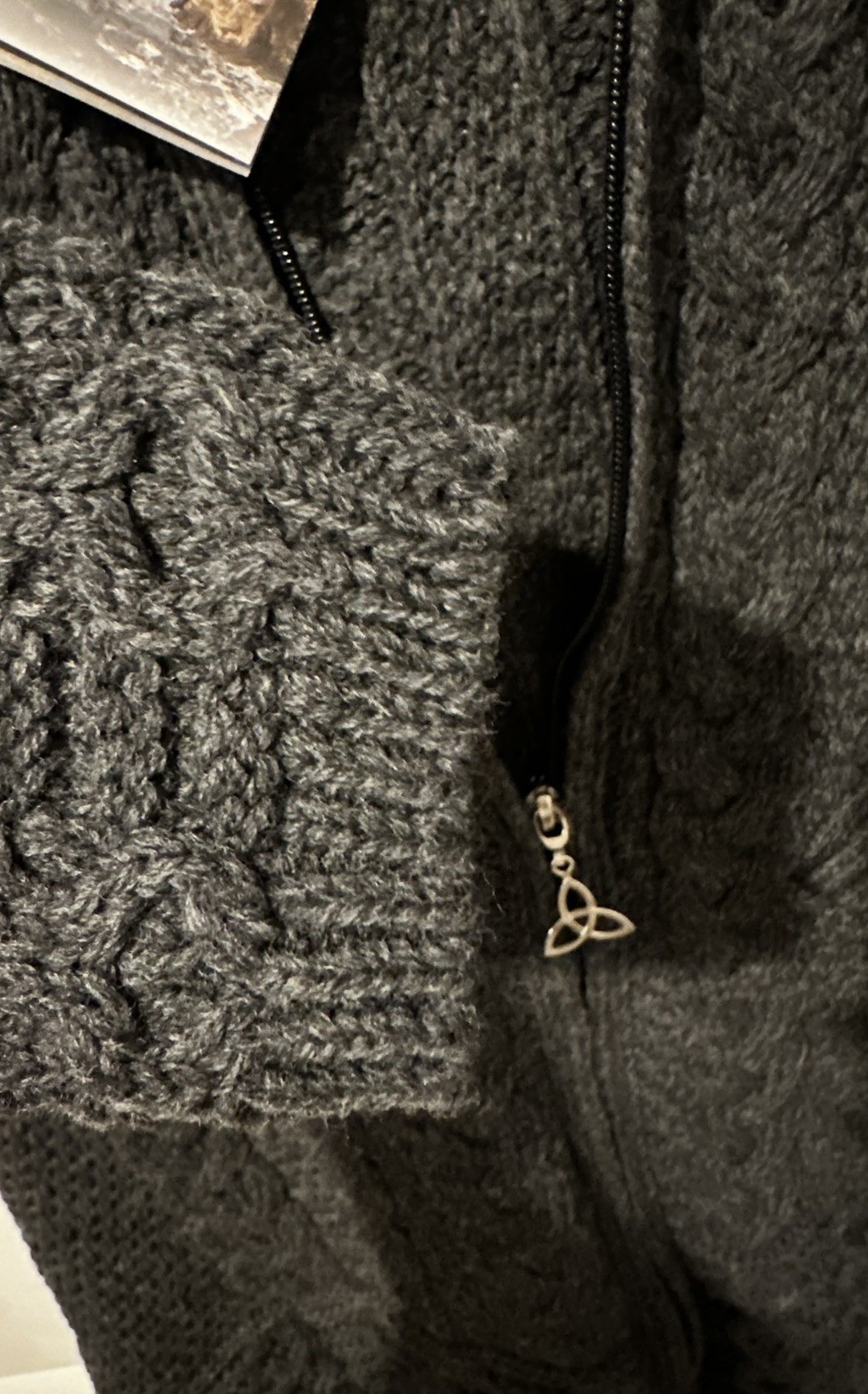 Aran Crafts Womans Hooded Coat With Celtic Knot Zipper Charcoal size S NWT