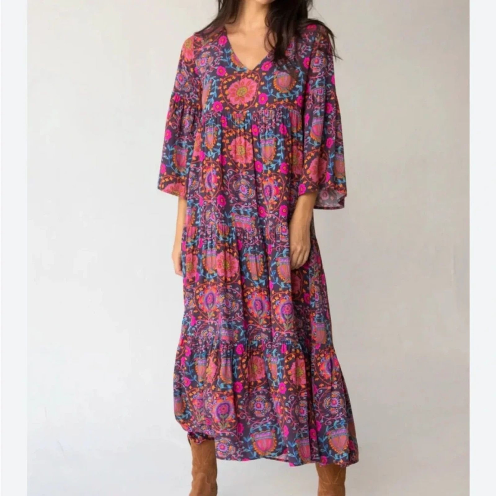 Natural Life Charlotte Midi Dress Boho Lagenlook Flowy Folk Circles XL P292