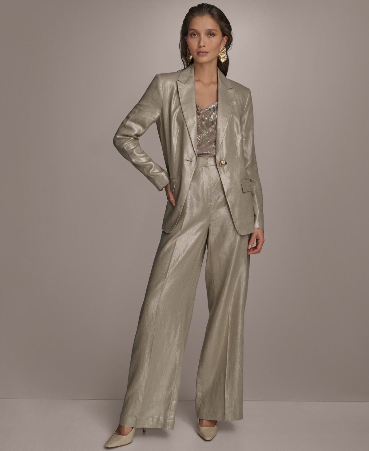 $207 Donna Karan New York Women’s Metallic Linen Pants – Cobblestone/gold 4