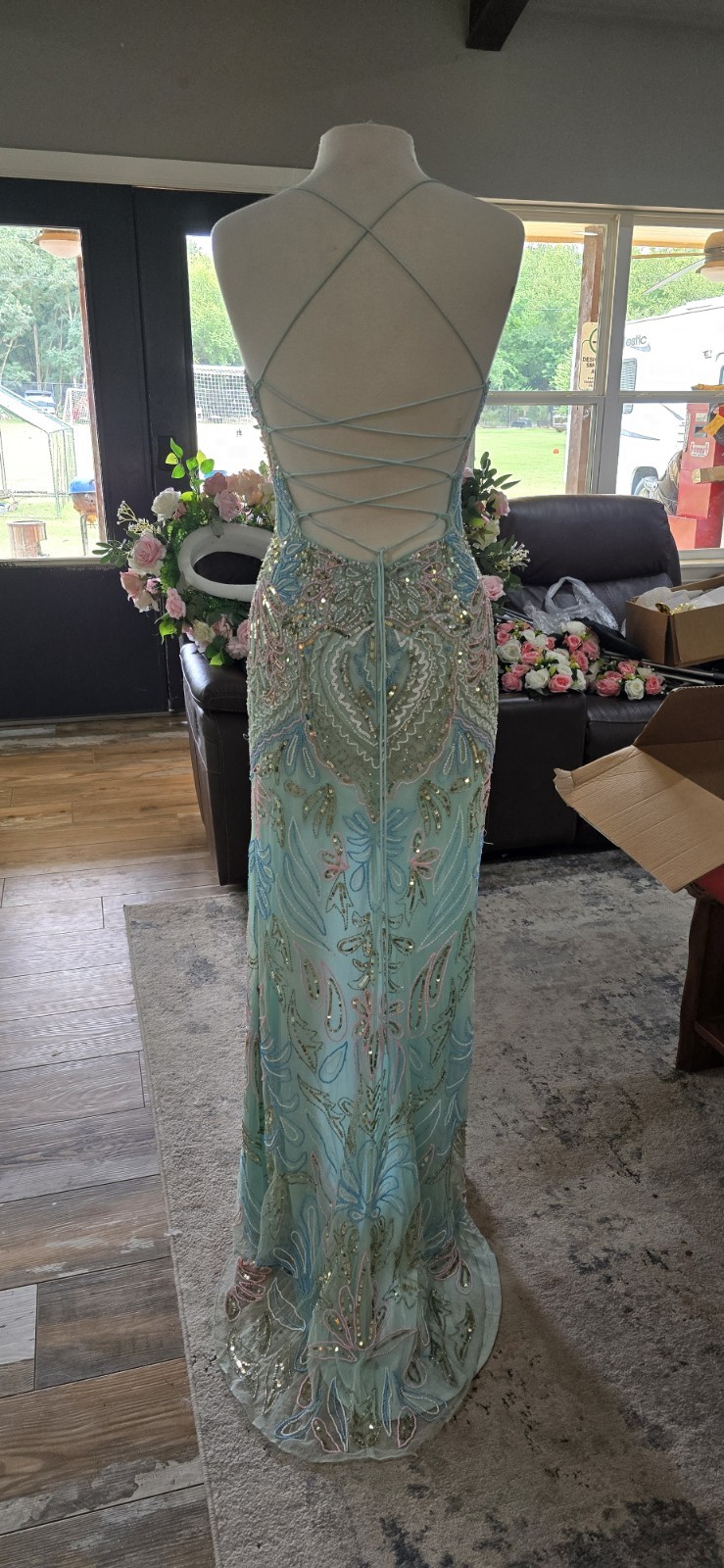 Light Blue Beaded Sequin Sweetheart Backless Long Gown Size M-8 Primavera