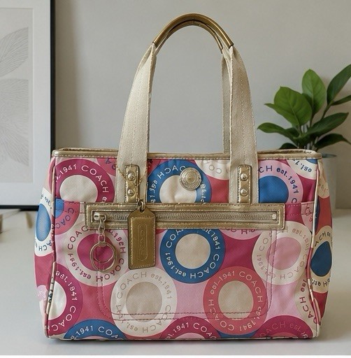 Coach Pink Blue Circle Print Tote Bag Est 1941 Y2K Shoulder Purse