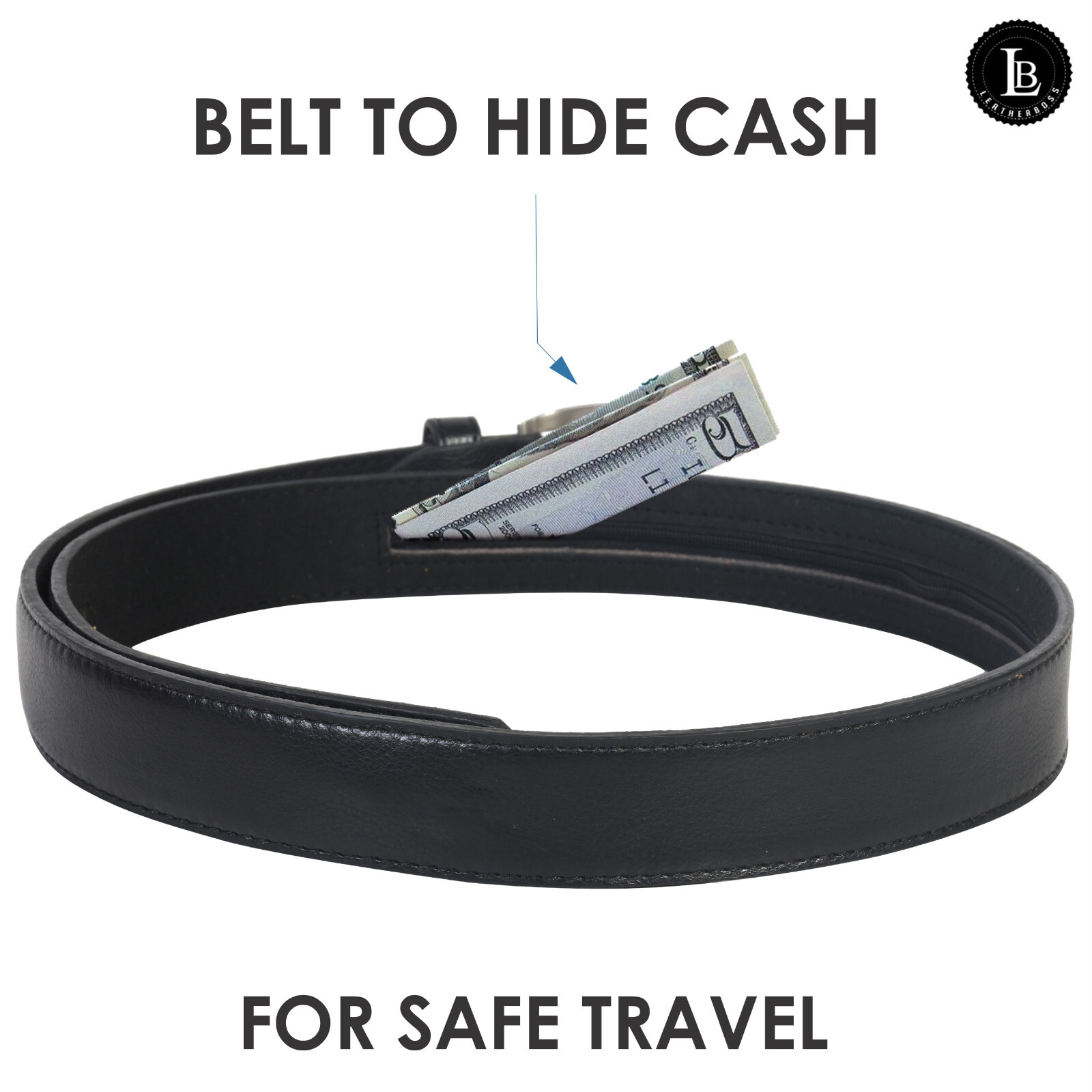 Genuine Leather Men Casual Money Zipper Safe Black Belt M.L.XL.XXL. 1.1/4″ Wide