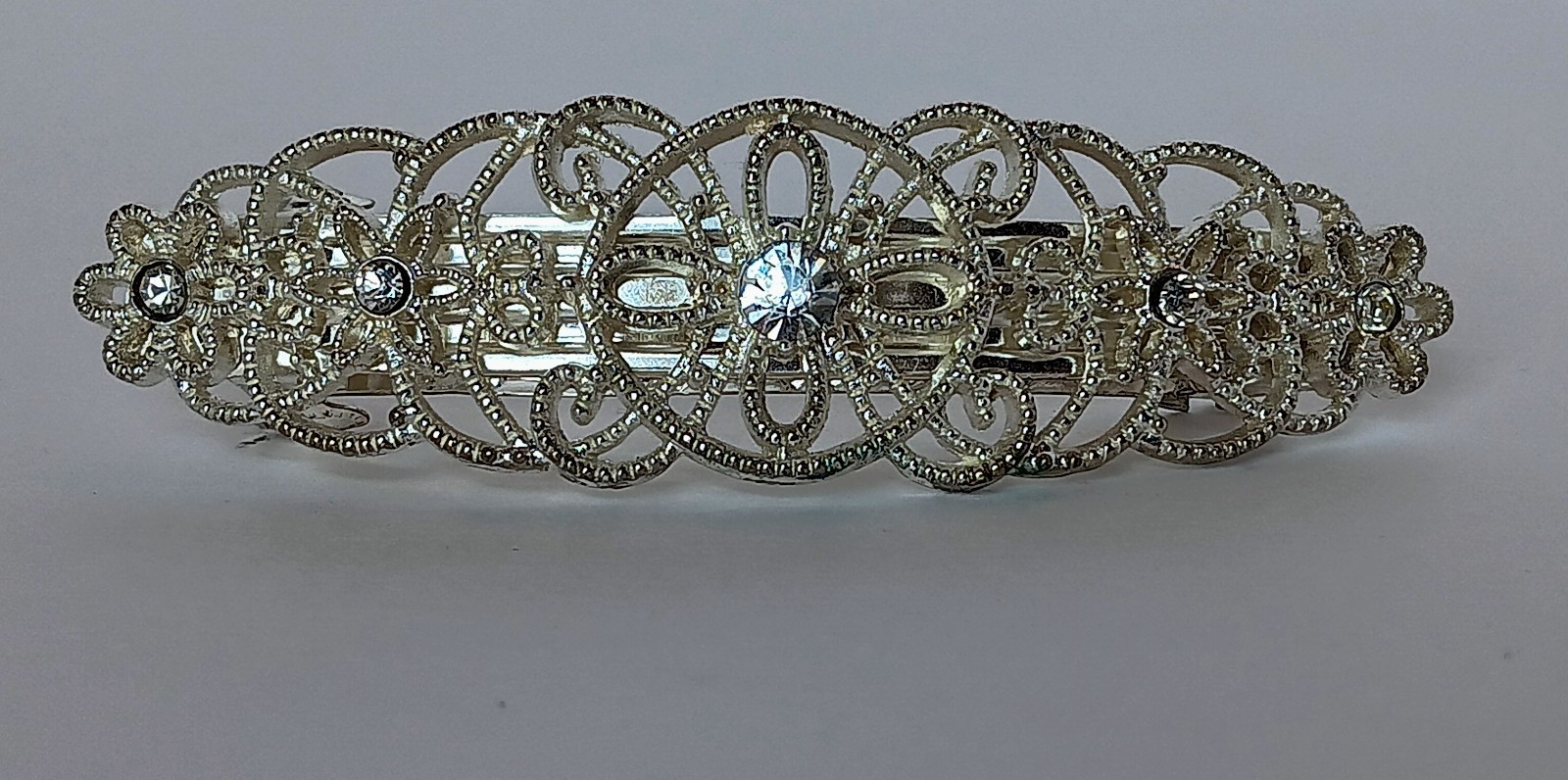 Faship Silvertone Filagree Crystal Hair Barrette 3.5 in