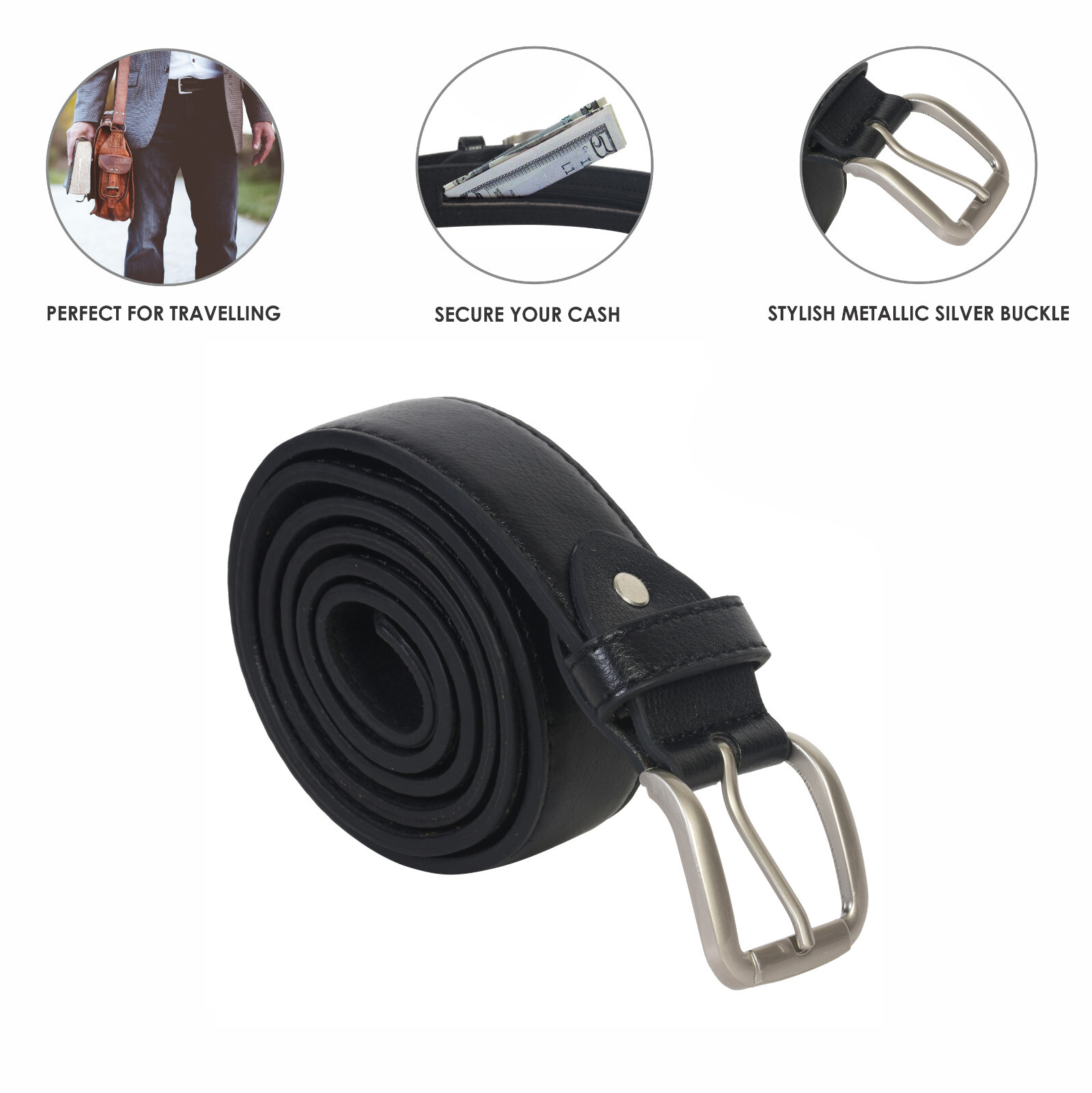 Genuine Leather Men Casual Money Zipper Safe Black Belt M.L.XL.XXL. 1.1/4″ Wide
