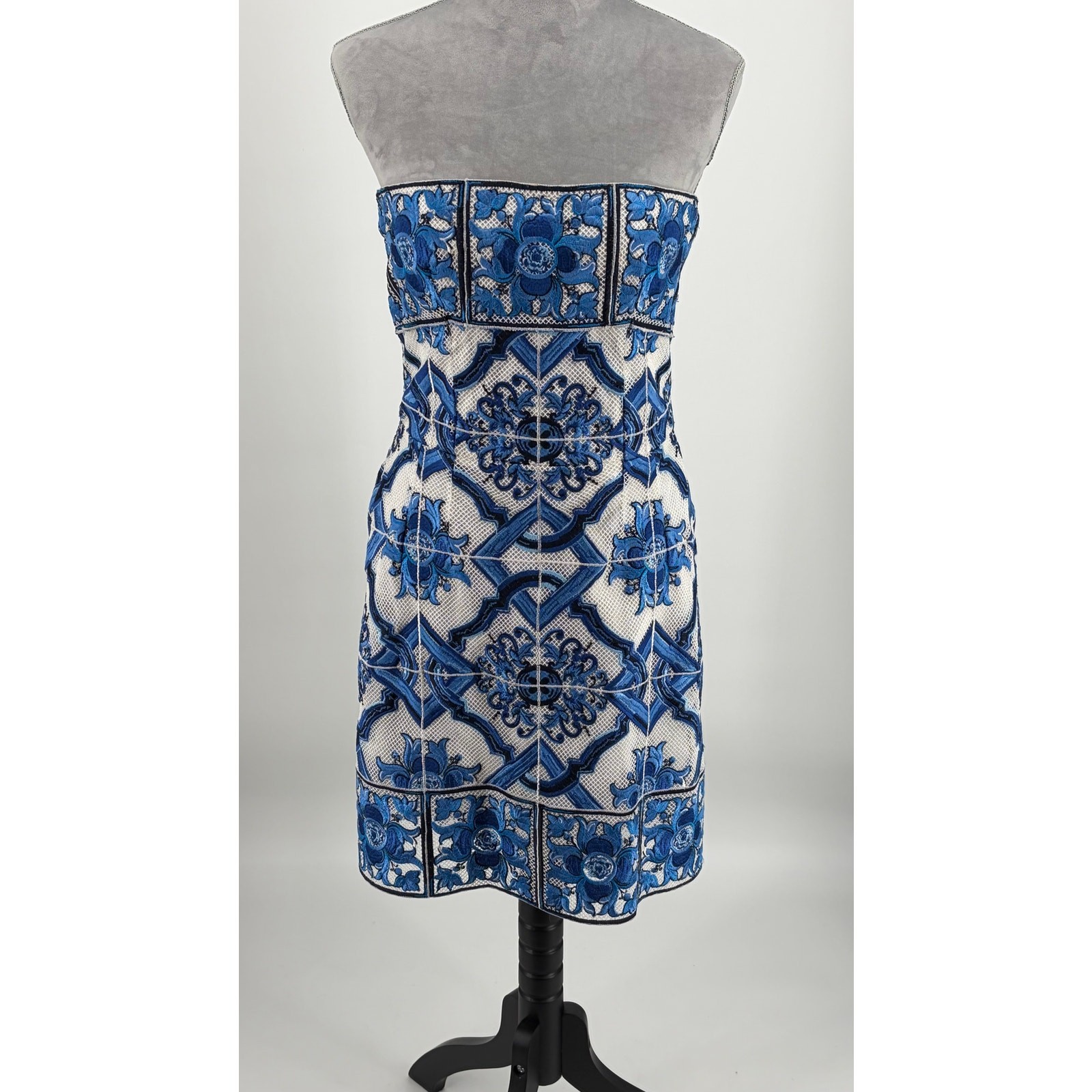 Dolce & Gabbana Majolica Embroidered Strapless Mini Dress Blue White Tile IT 46