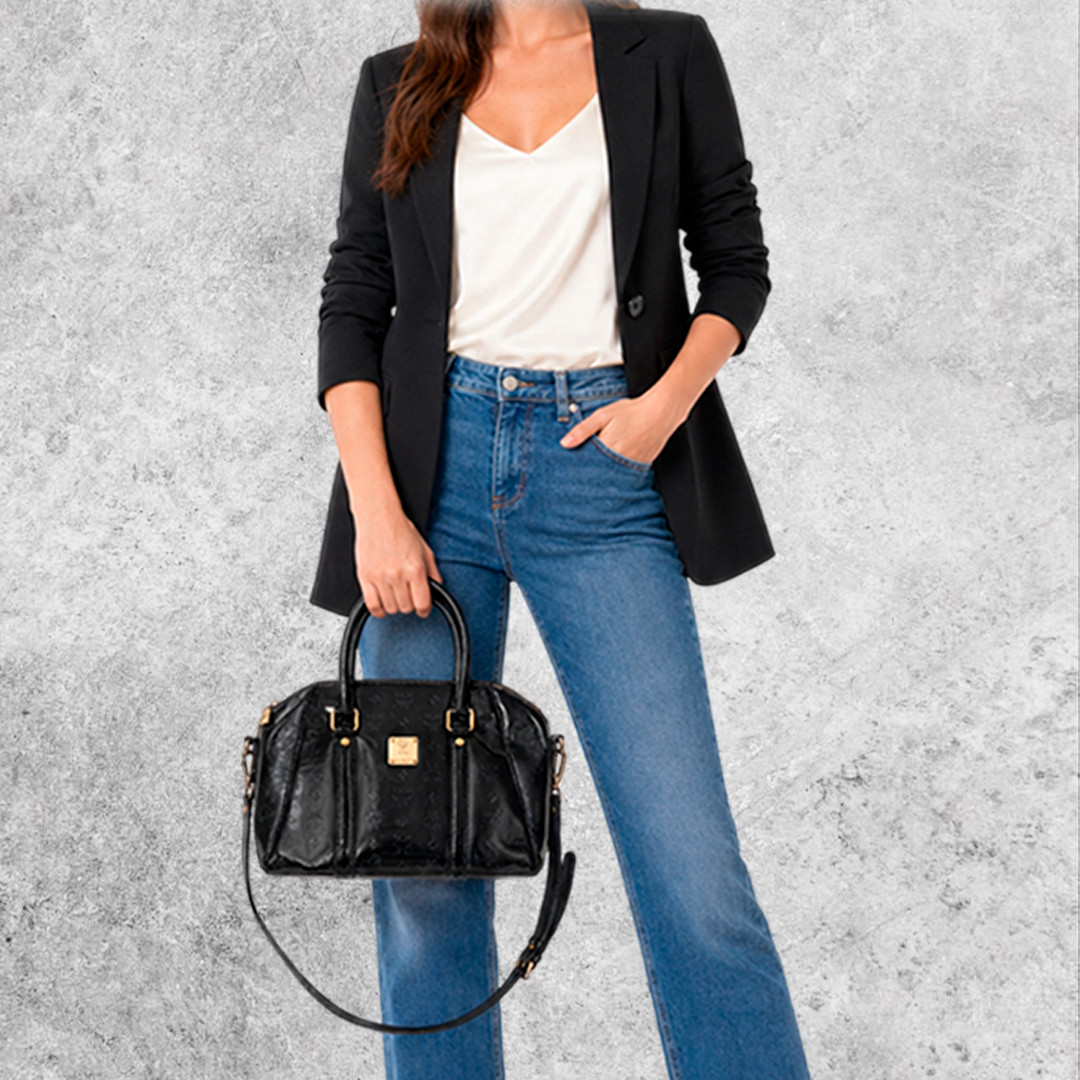 MCM Bag Luxury Black Patent Monogram Satchel Boston Bag Gold Hardware Glossy