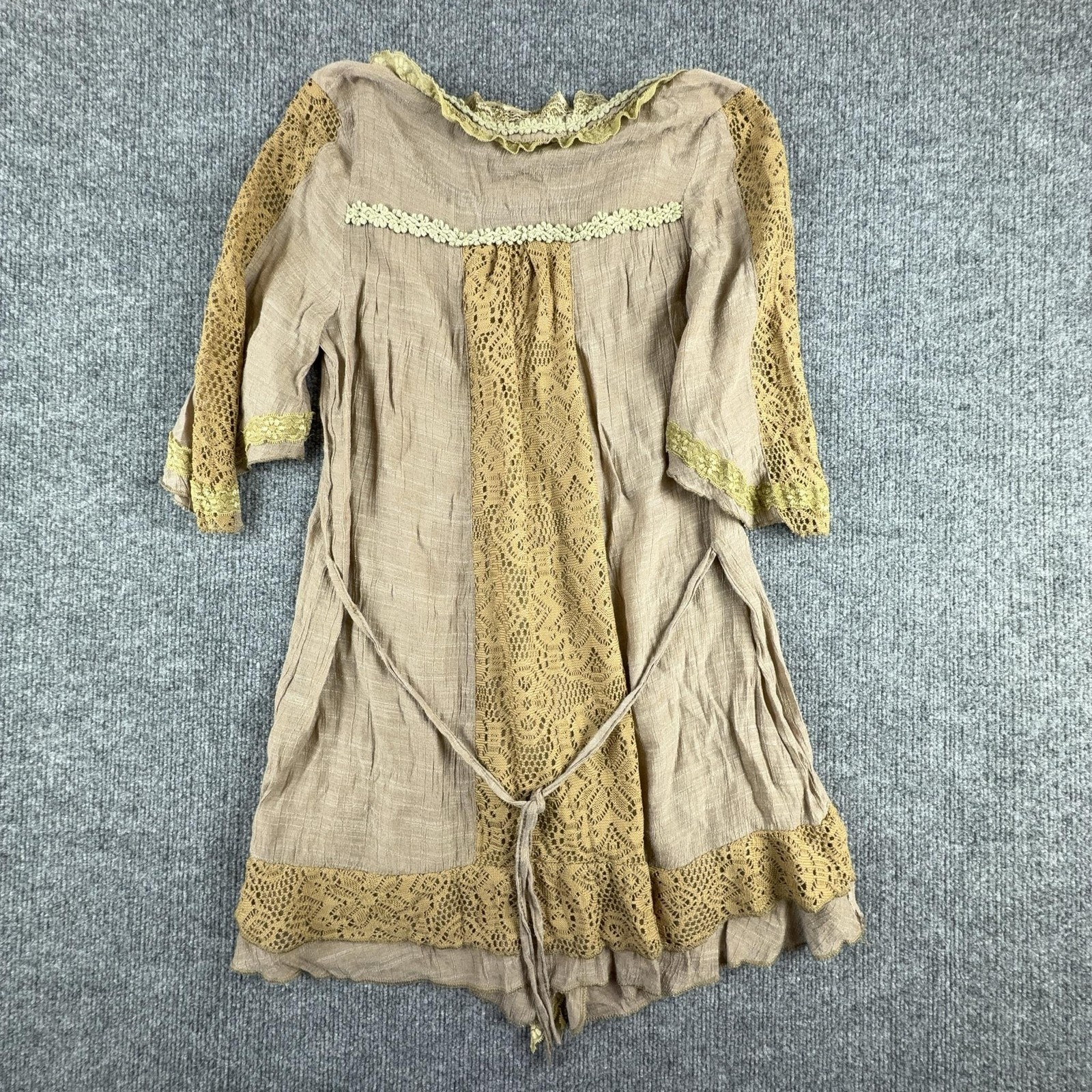 Pretty Angel Blouse Womens Small Beige Lace Crochet Ruffle Bell Sleeve Tunic Top