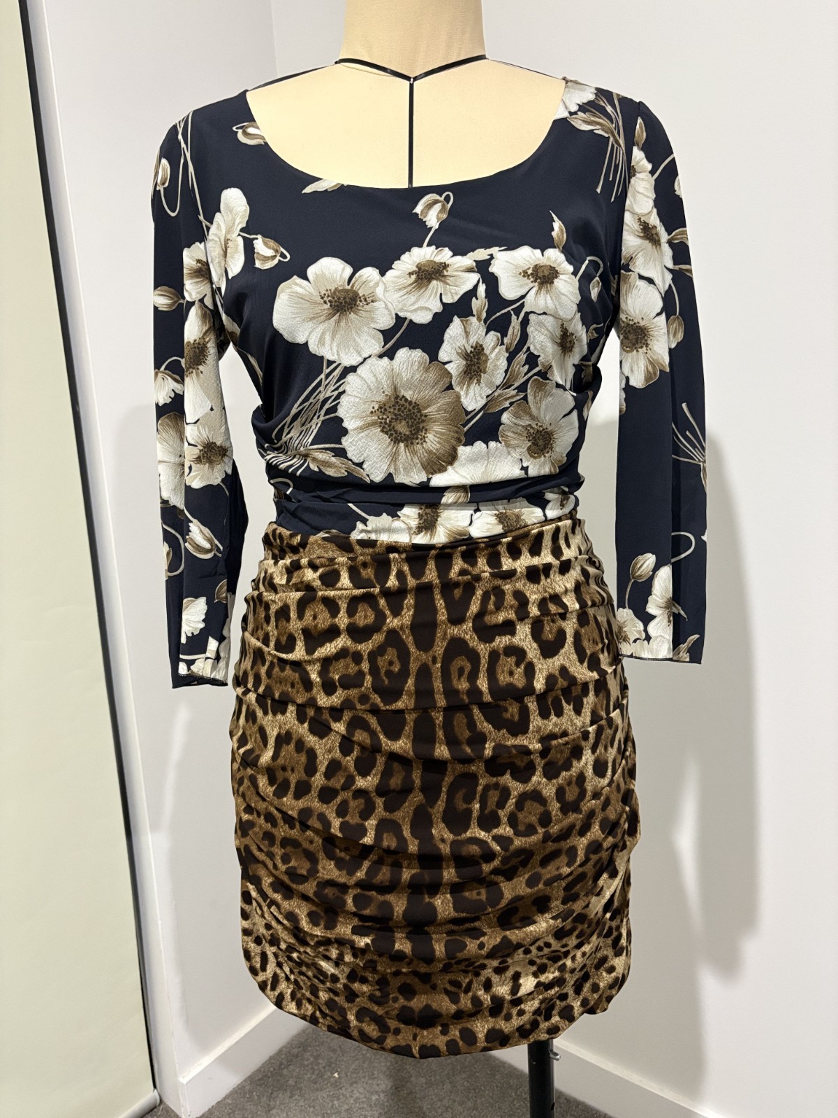 Dolce & Gabbana Floral and Leopard Mixed-Print Ruched Dress – Size 46