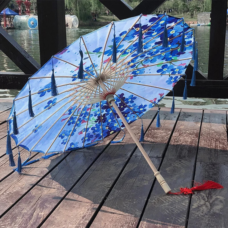 Cloth Parasol Umbrella 82cm Long Handle Silk Tassel Hanfu Cosplay Photo Prop