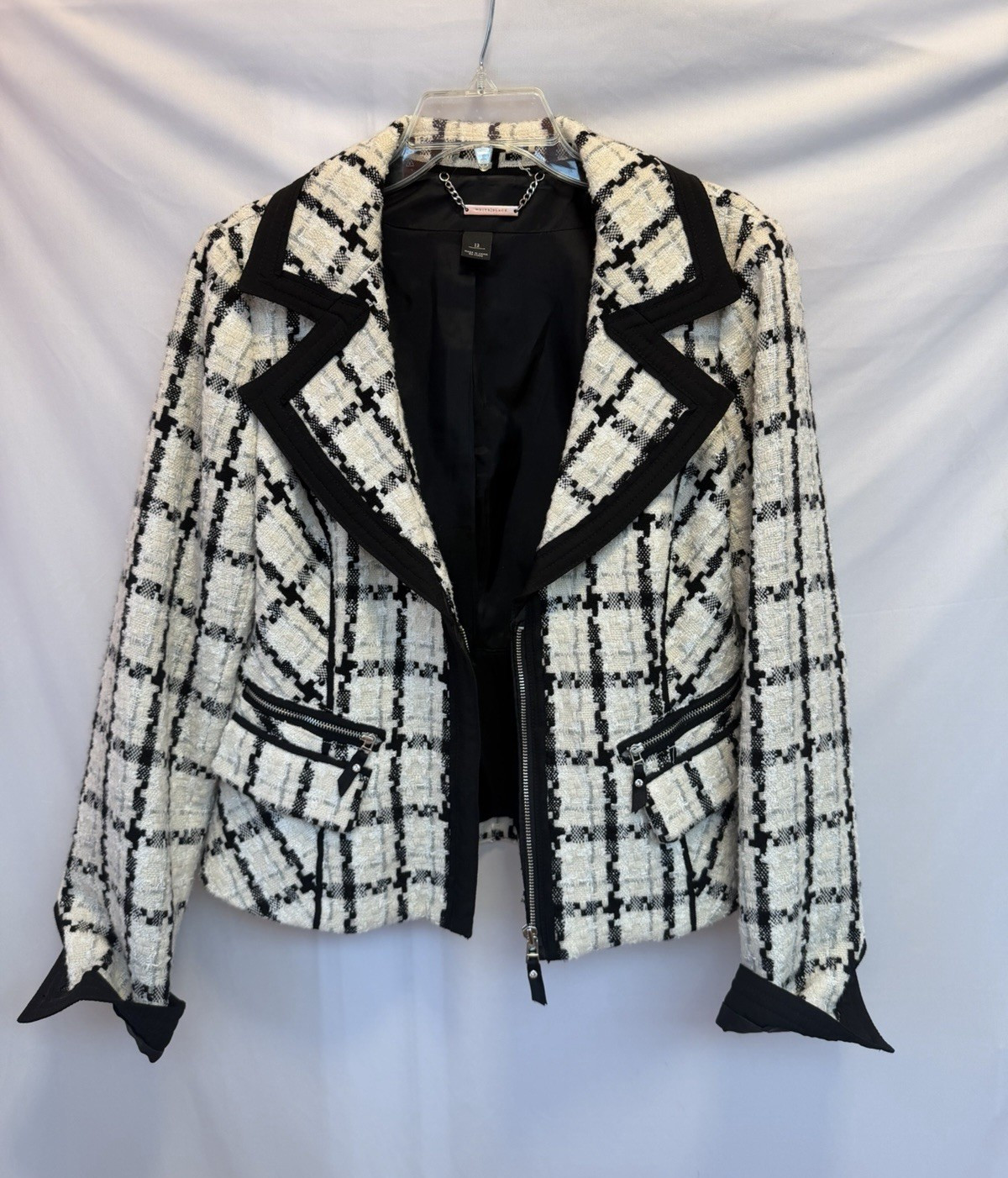 White House Black Market Black White Check Zip Jacket Pockets Women’s 12