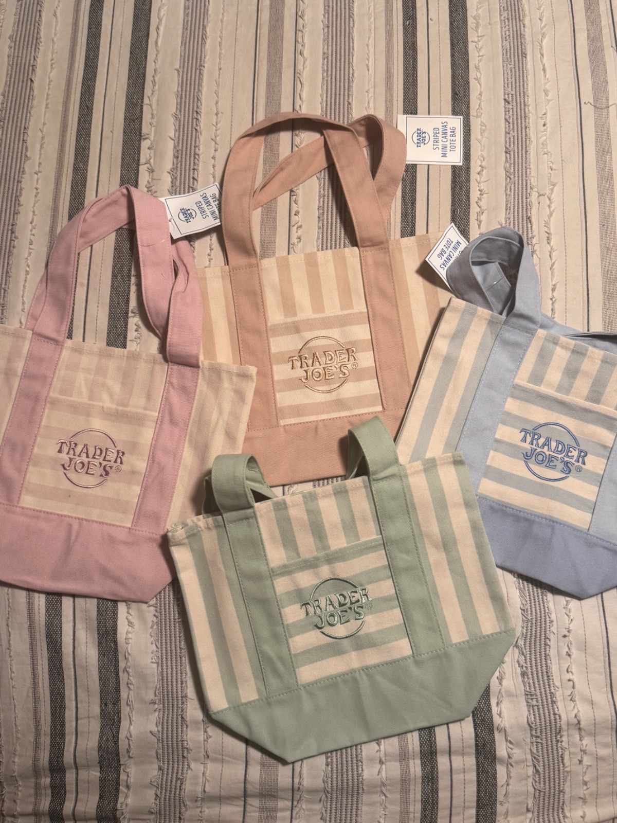 Trader Joe’s Mini Canvas Tote Bag Striped Pastel Pink Blue Green Peach New