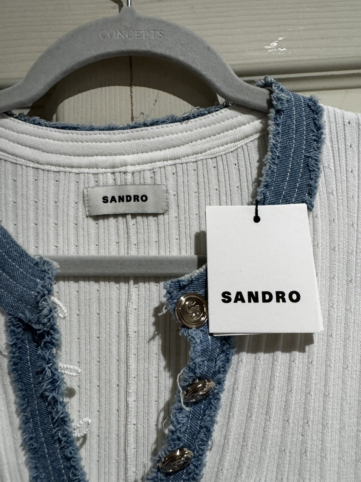 Sandro Ribbed Knit Dress with denim detailing.