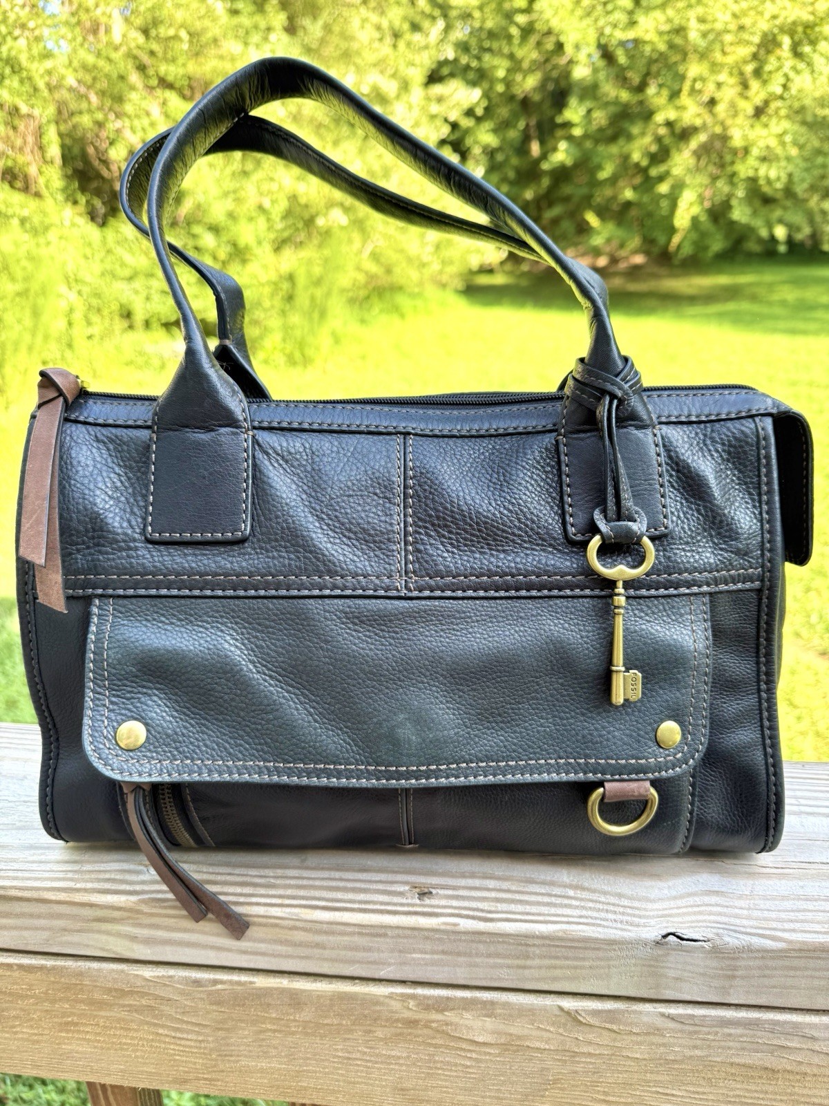 Vintage Fossil Morgan LOCK & KEY Black Cowhide Pebbled Leather Satchel Purse EUC