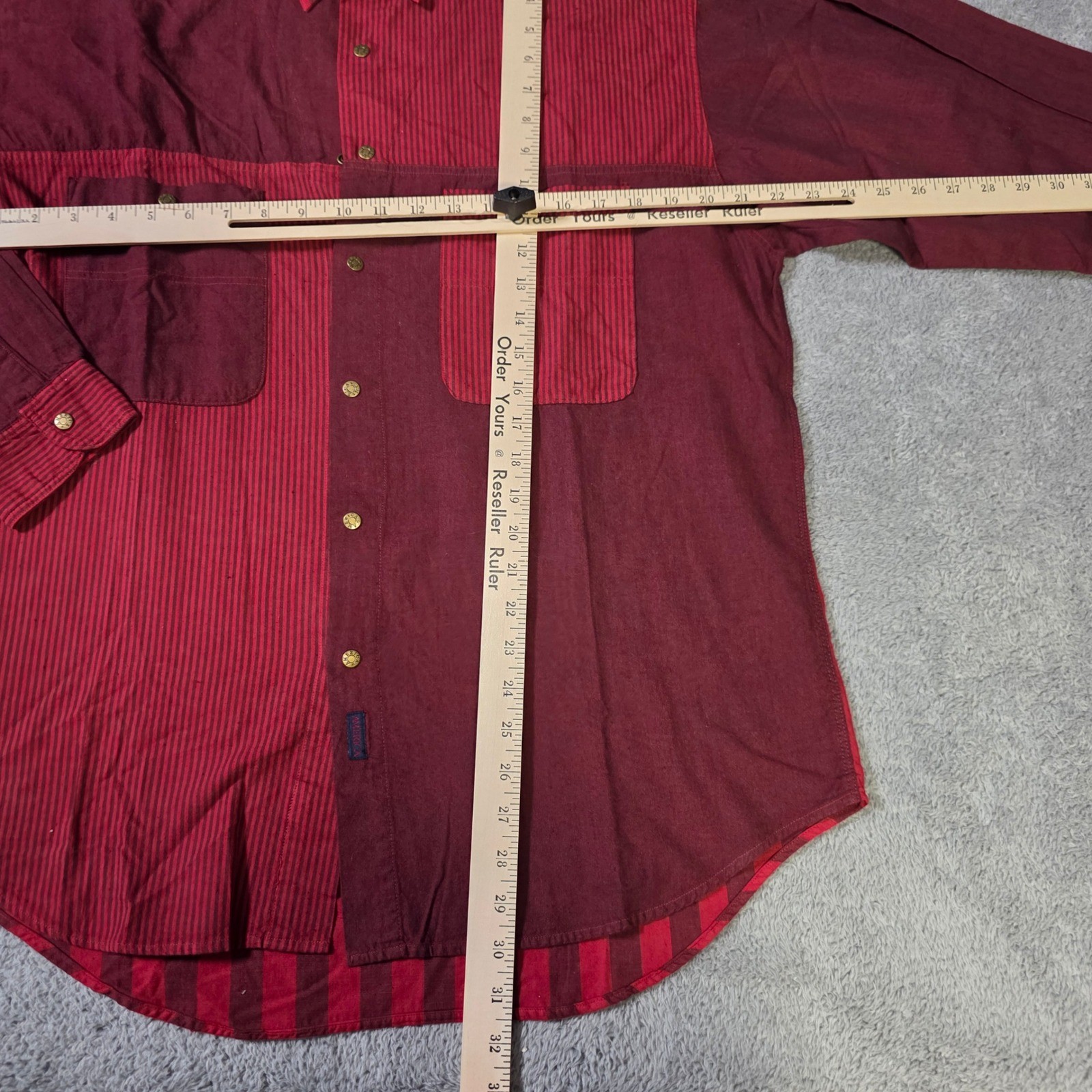 America Perry Ellis Mens M Button Down Shirt Red Burgundy Striped Colorblock 90s