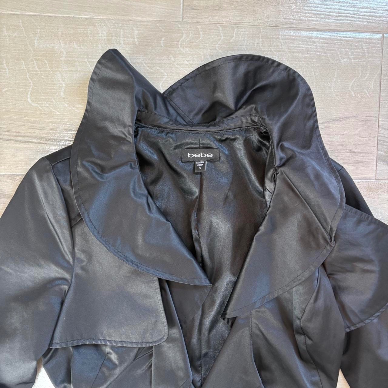 bebe Shiny Ruffle Trim Black Shirt Trench Coat Small Tie Waist Hook Close