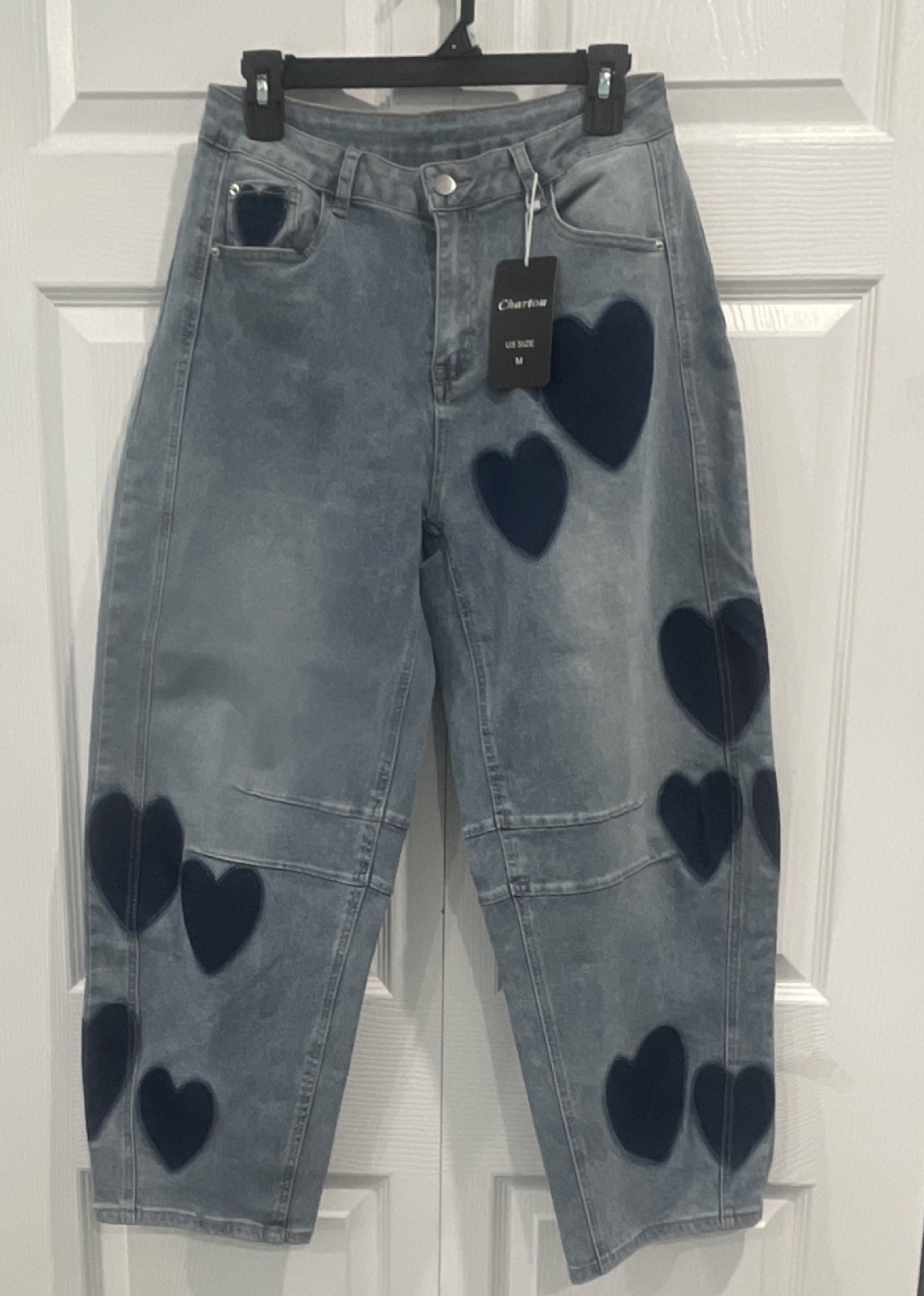 Chartou Women’s Blue Denim Heart Pattern Jeans, Button Closure, 5-Pocket, M