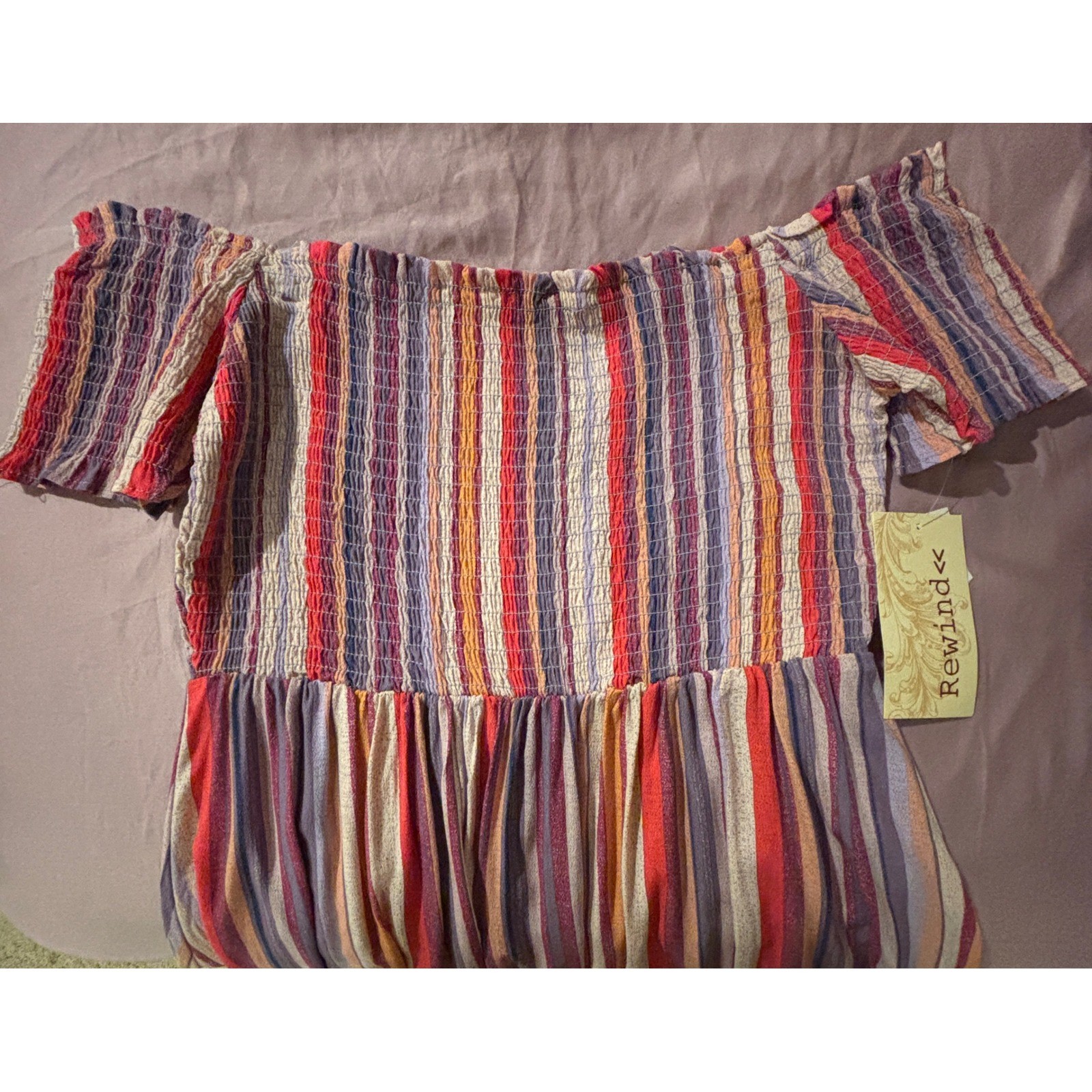 Rewind Mini Dress Womens Medium NWT Fierce Lava Striped Smocked Off Shoulder NKD