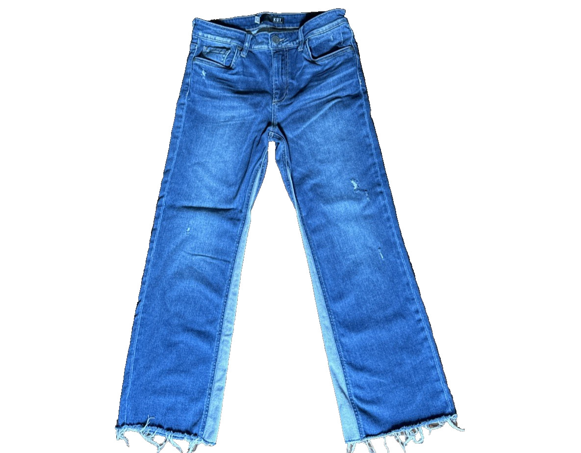 KUT Jeans Womens 6 blue color block Straight Distressed Detailing Fun SOHO BOHO