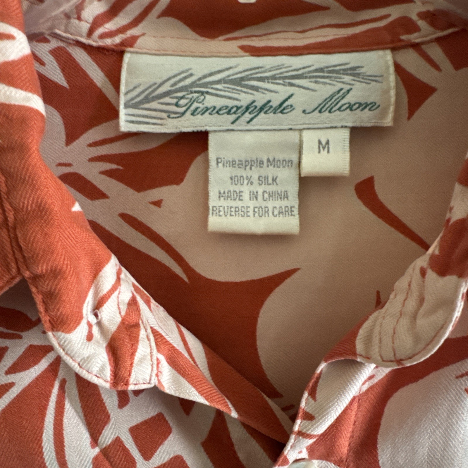 Pineapple Moon Silk Hawaiian Shirt Men’s Size M Salmon Color Floral Beach Resort