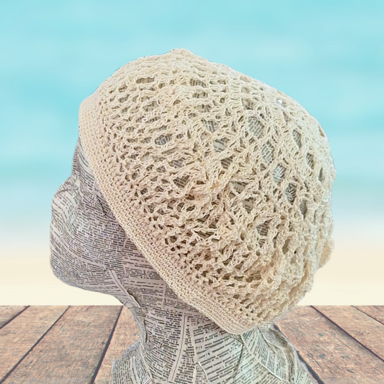 Crochet Lace “Boho” Hat – Ivory White Cotton- Adult One Size