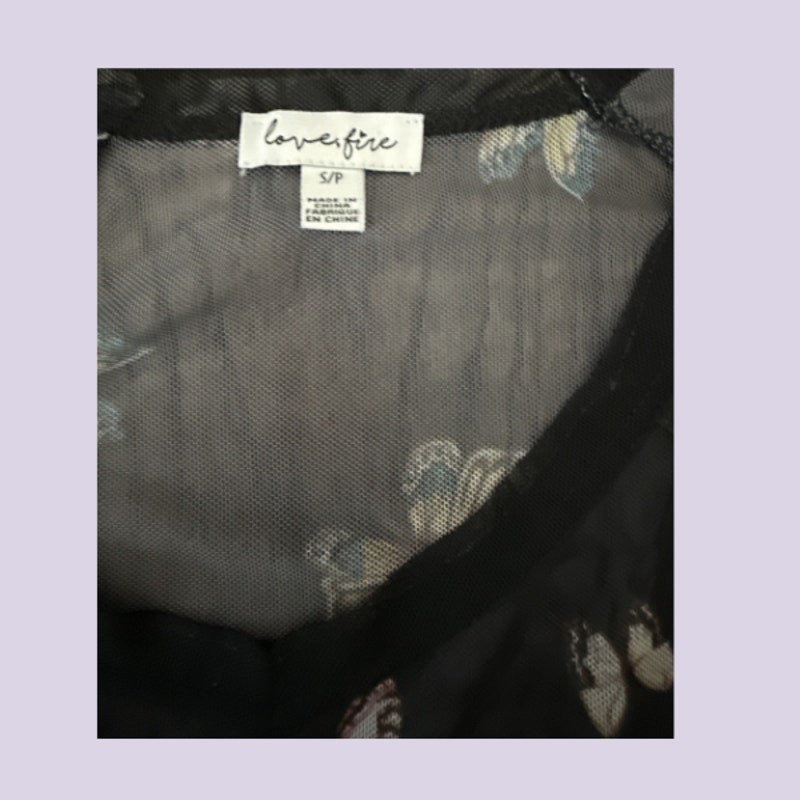 Love Fire Black Butterfly Print Sheer Mesh Top Y2K Grunge Aesthetic Small