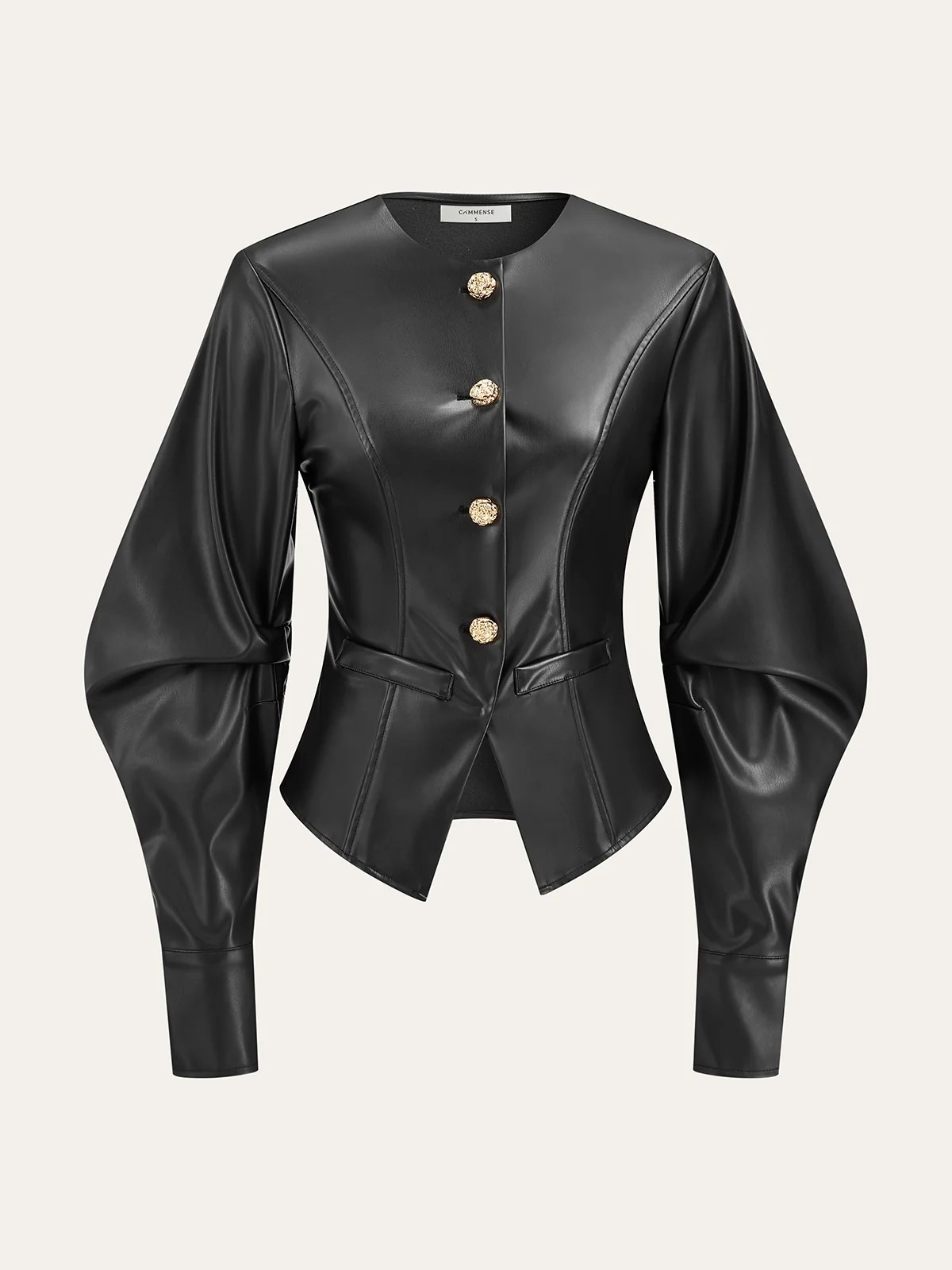 Commense Metal Button Puffed Sleeve PU Leather Jacket NWT, Size L