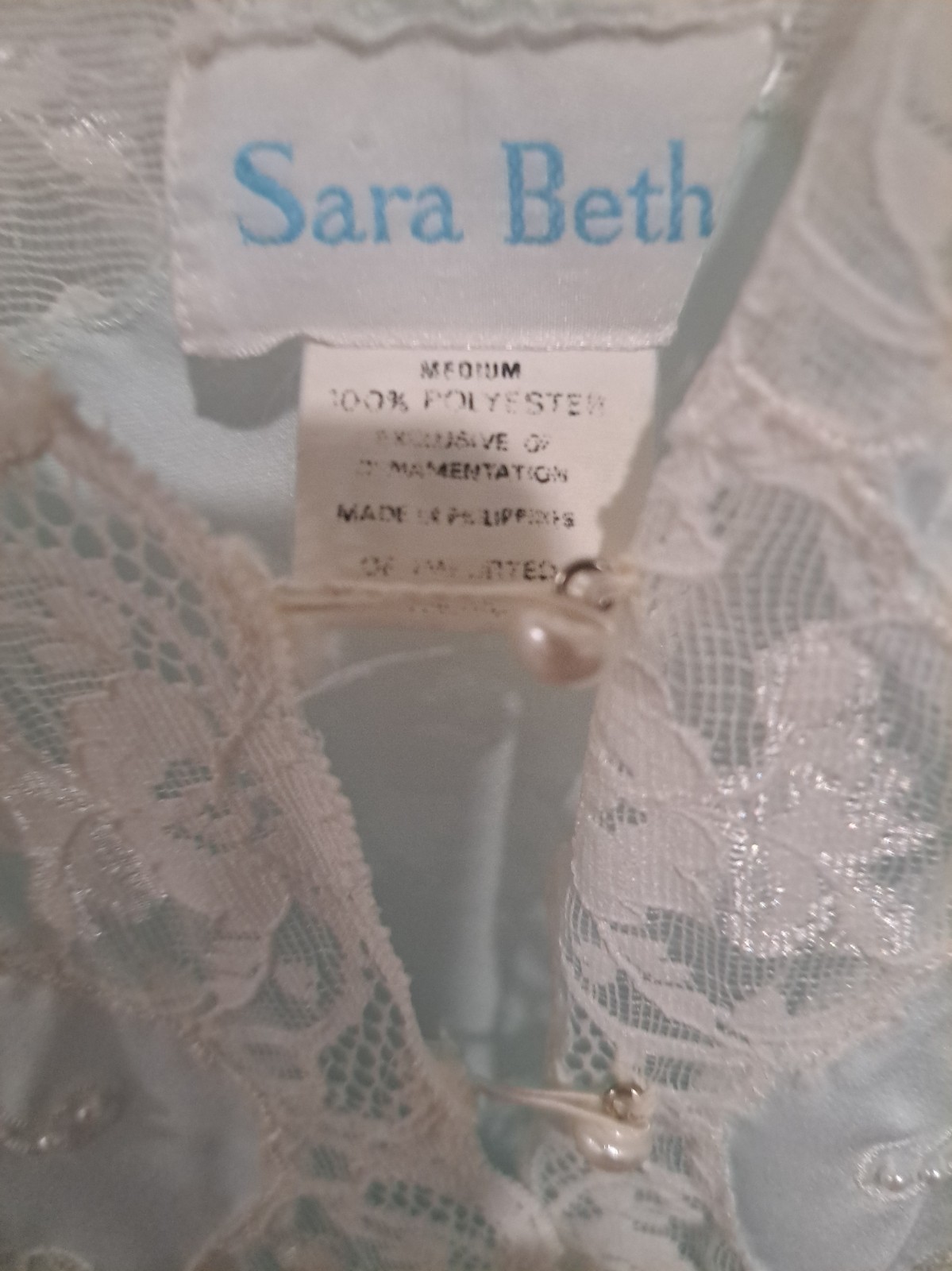 Vtg Sara Beth Gown M Pale Aqua Lace Bodice Curved Slit Hem Pearl Button Soft