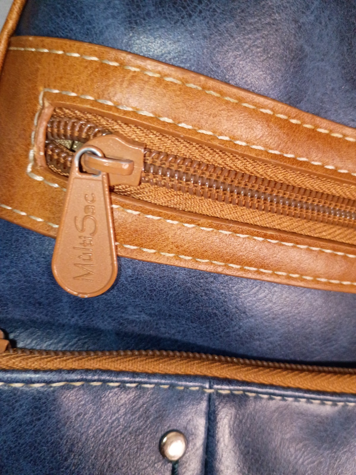 MultiSac Blue Brown Shoulder Bag Zipper Accent Zip Closure Pockets Brown Strap