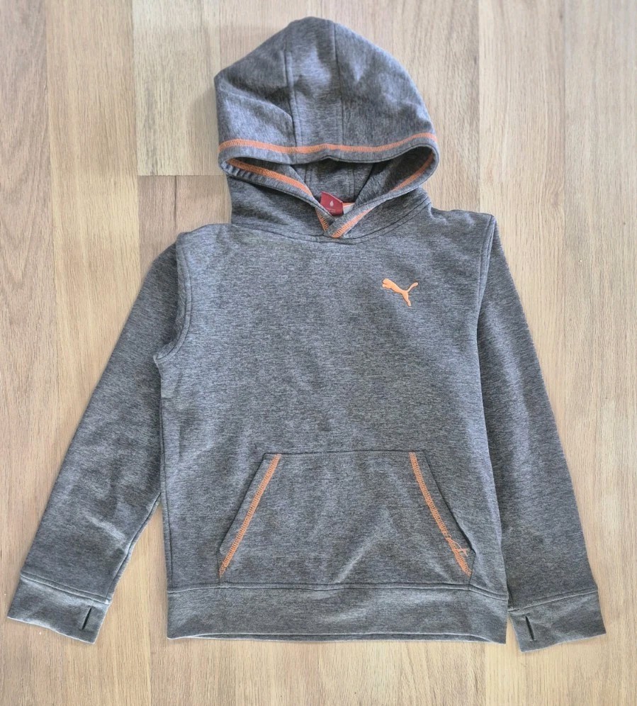 Gray Puma Hoodie Orange Logo Stitching Pullover Kangaroo Pocket Sportcore Sz M