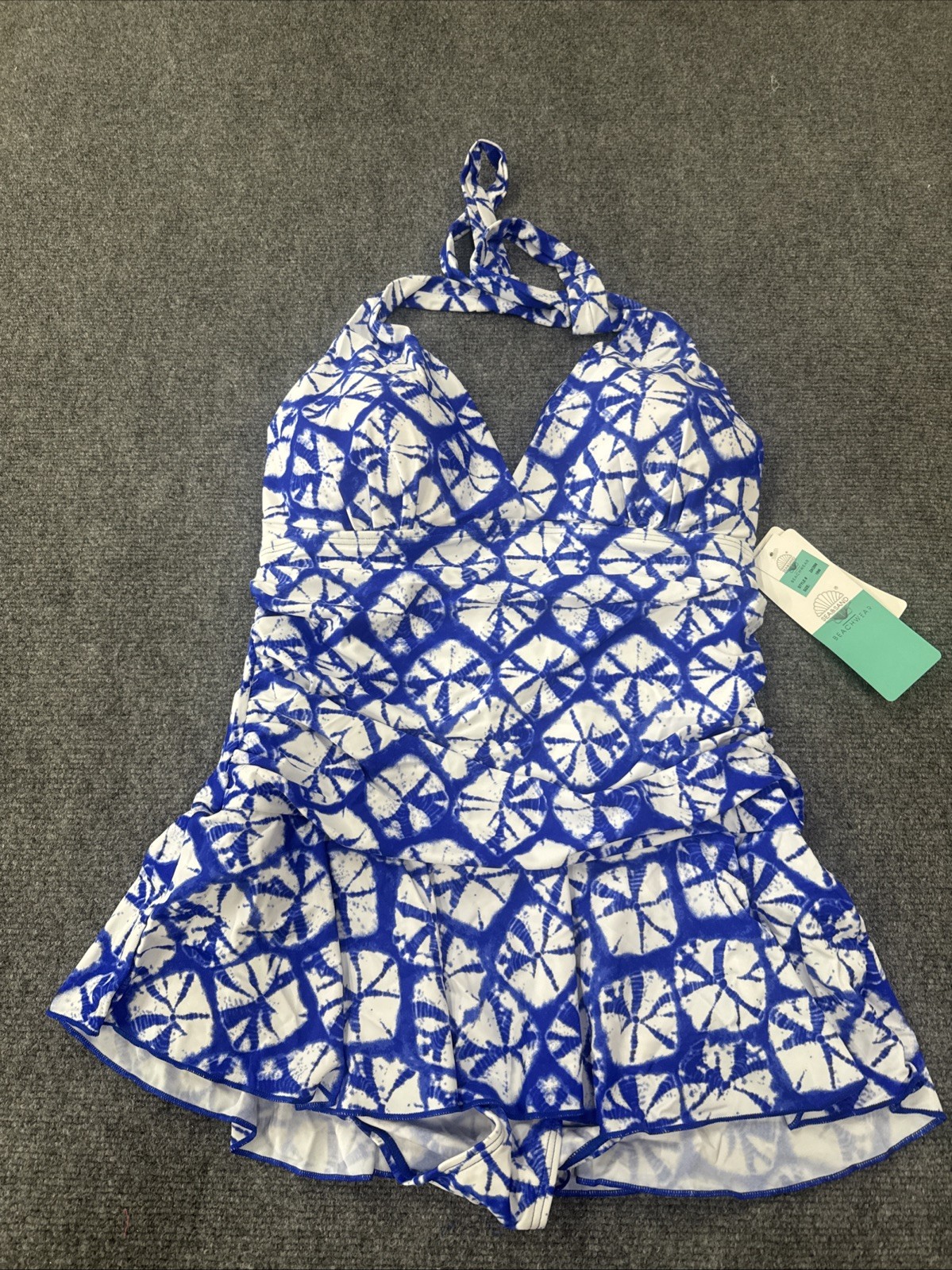 Maxine of Hollywood spa suit blue white navy print NWT one piece skirt