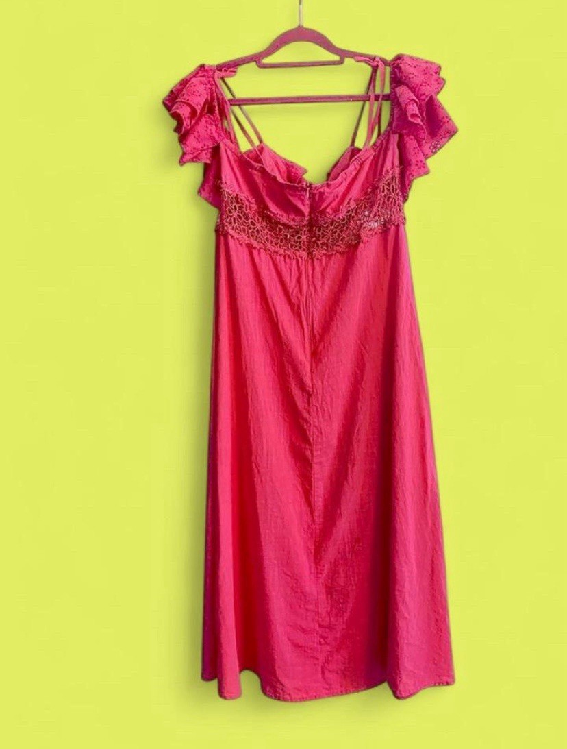 SheIn Pink Eyelet Ruffle Embroidered Strappy V-Neck Midi Slip Dress L