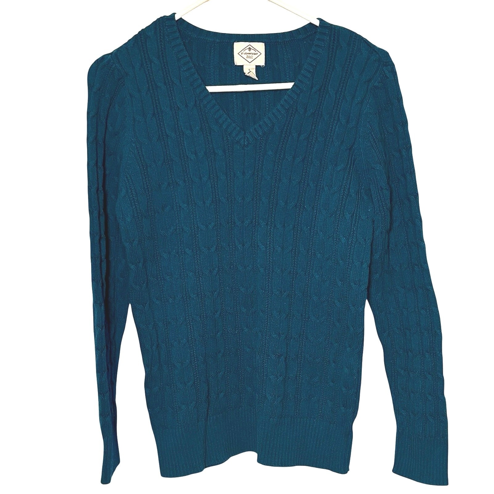 St. John’s Bay Cable Knit Sweater Women’s Large Teal V-Neck Cozy Classic