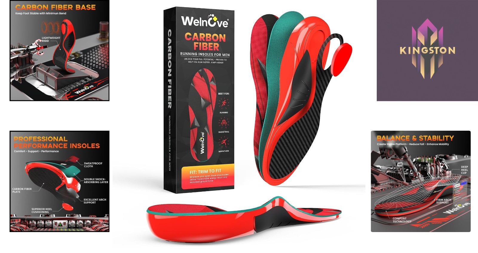 Carbon Fiber Performance Insoles – Relief for Plantar Fasciitis, Sizes 8-10.5