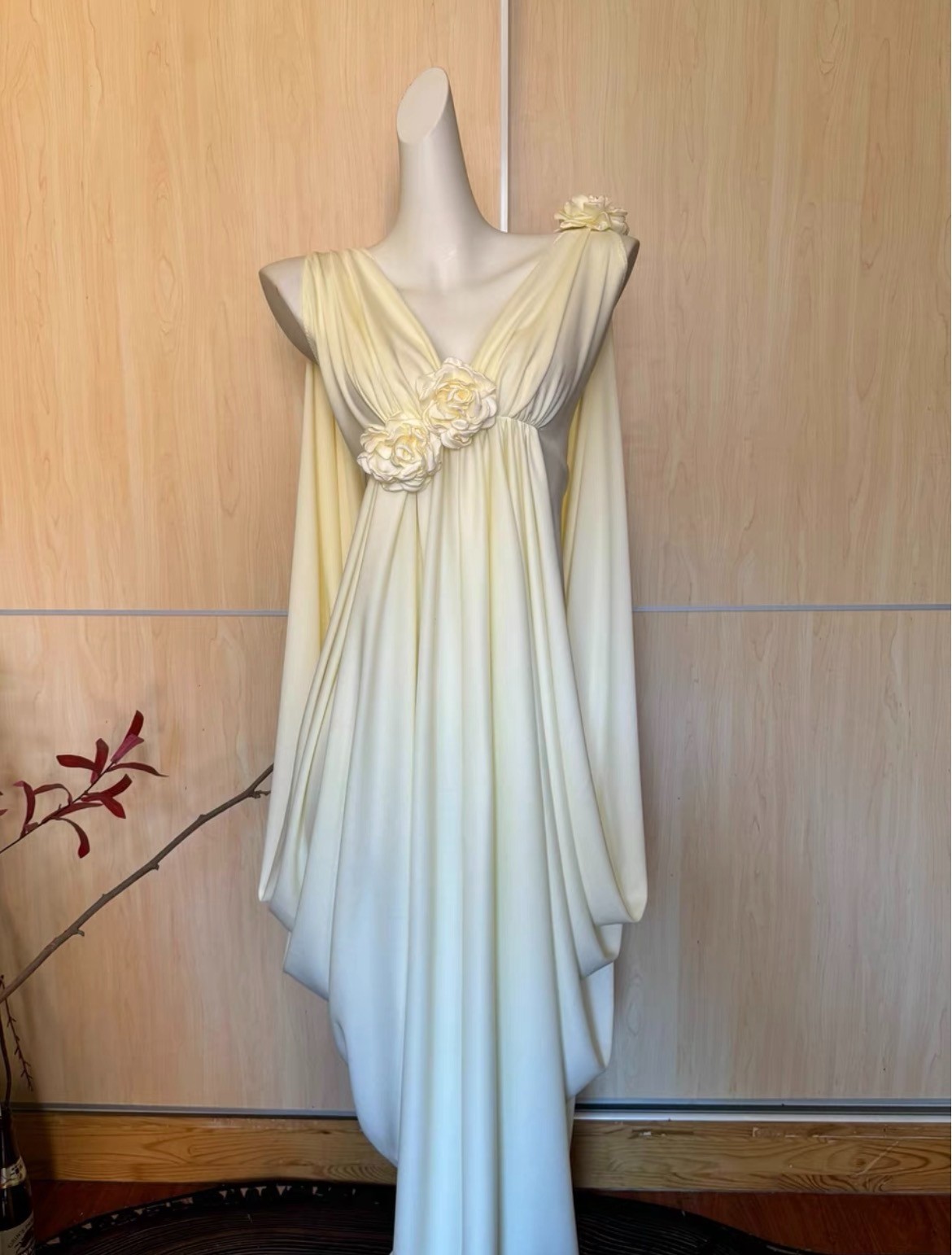 Handmade Greek Goddess Maxi Dress V Neck Backless Draped Floral Ivory Gown