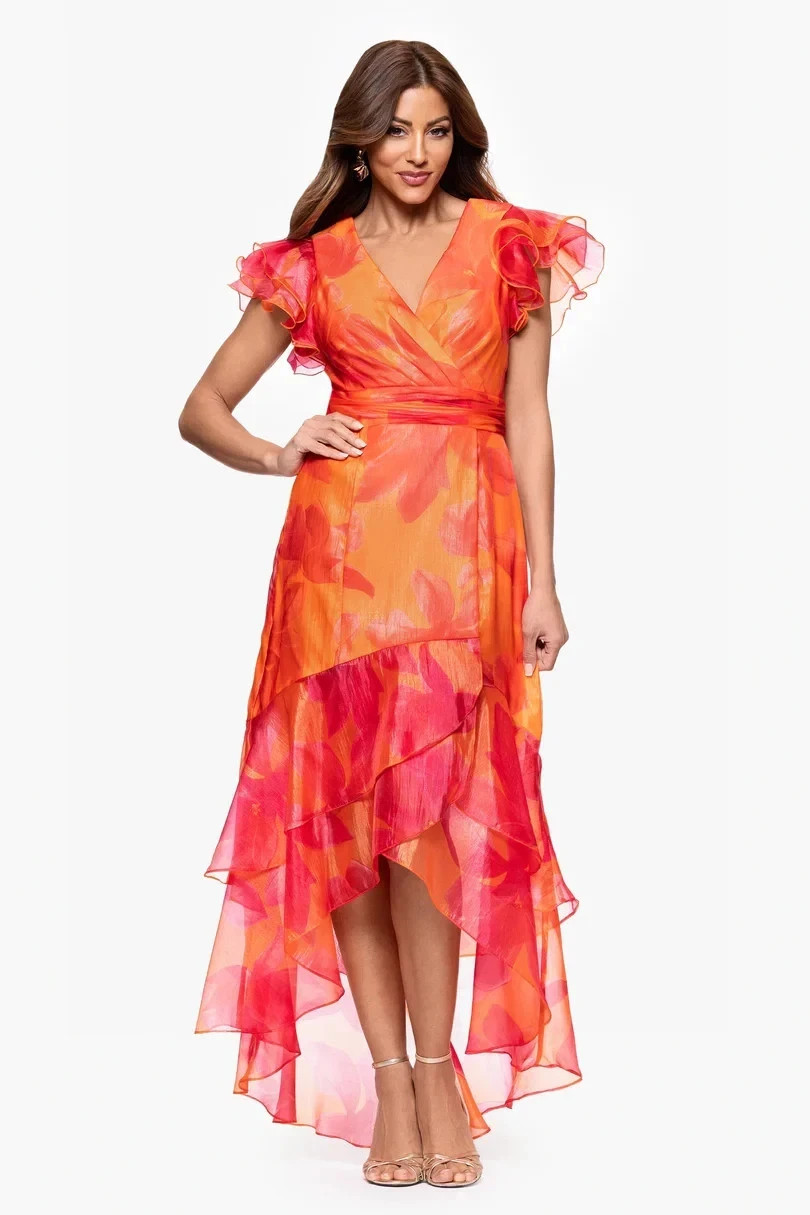 Xscape Coral Orange Pink Organza Floral High Low Gown Size 16W $279