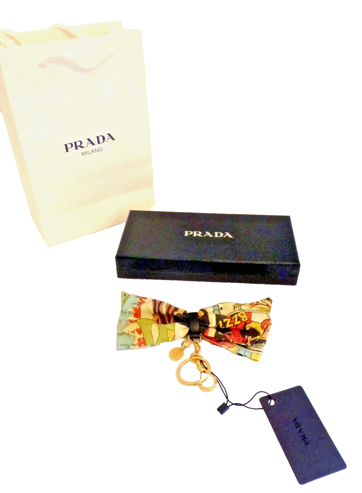 Prada Keyring Chain Purse Charm Popeline Comics Print Fabric Bow NWT
