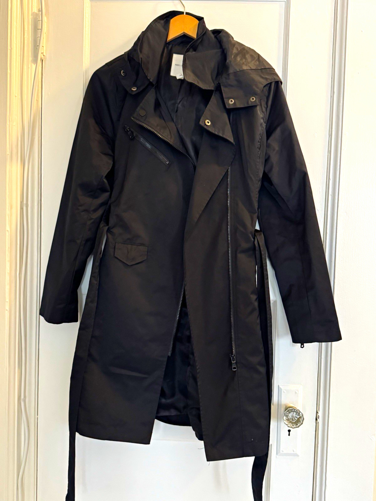 Avec Les Filles Women’s Black Hooded Belted Zip Trench Coat Moto Size L