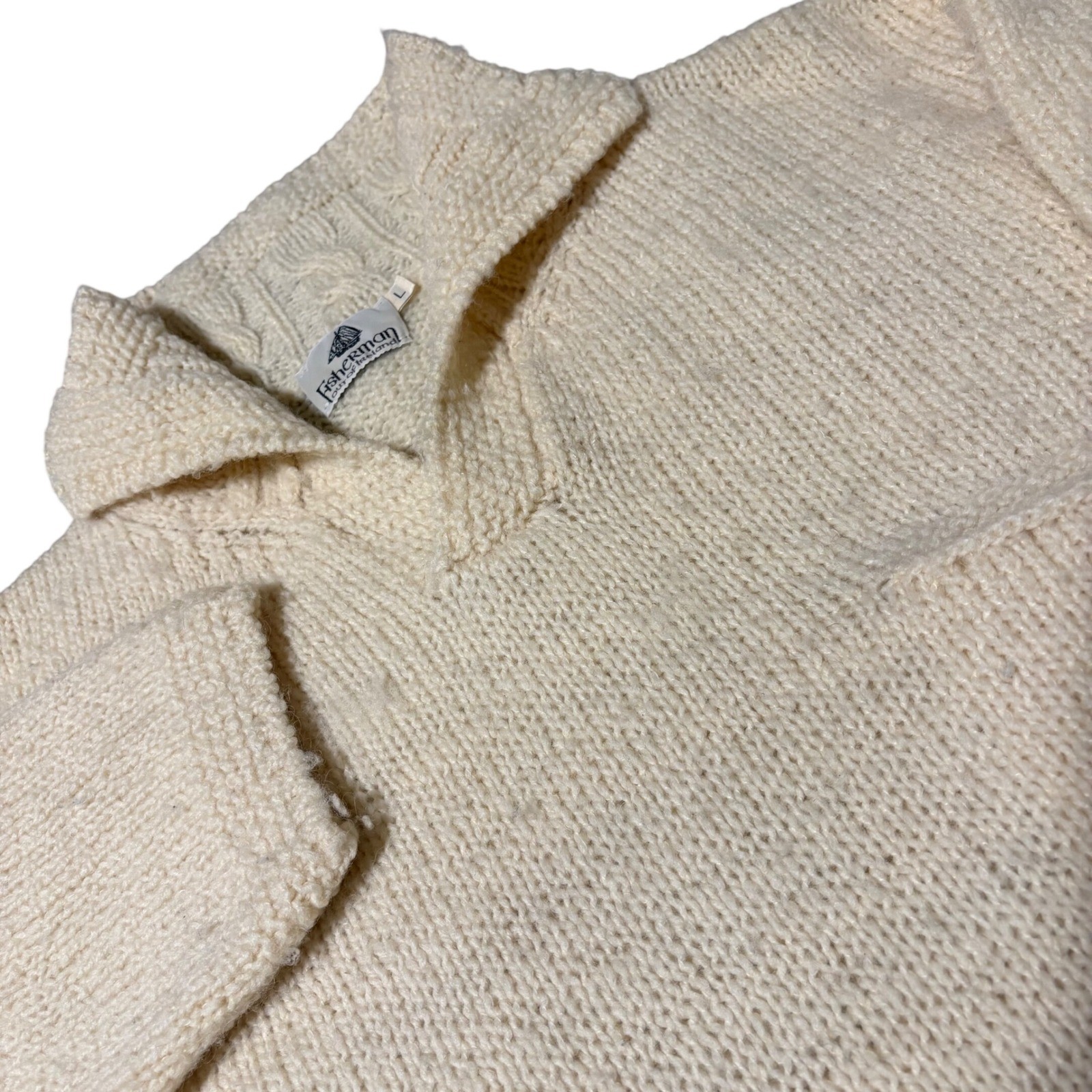 Fisherman Out of Ireland Knit Sweater Mens L Cream Wool Blend Made in Ireland