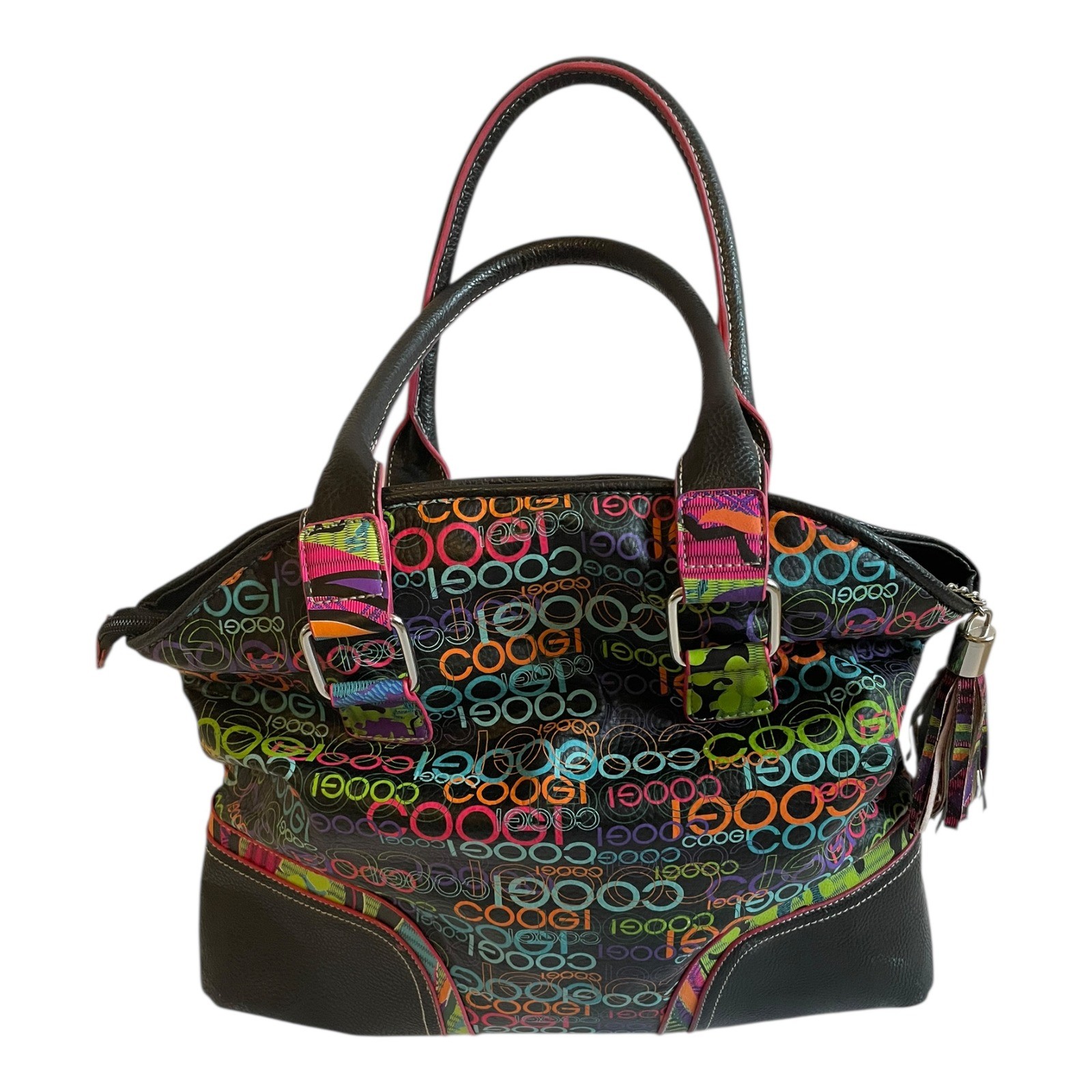 COOGI Black Multi Color Logo Print Hobo Bag Y2K Tassel Satchel Purse