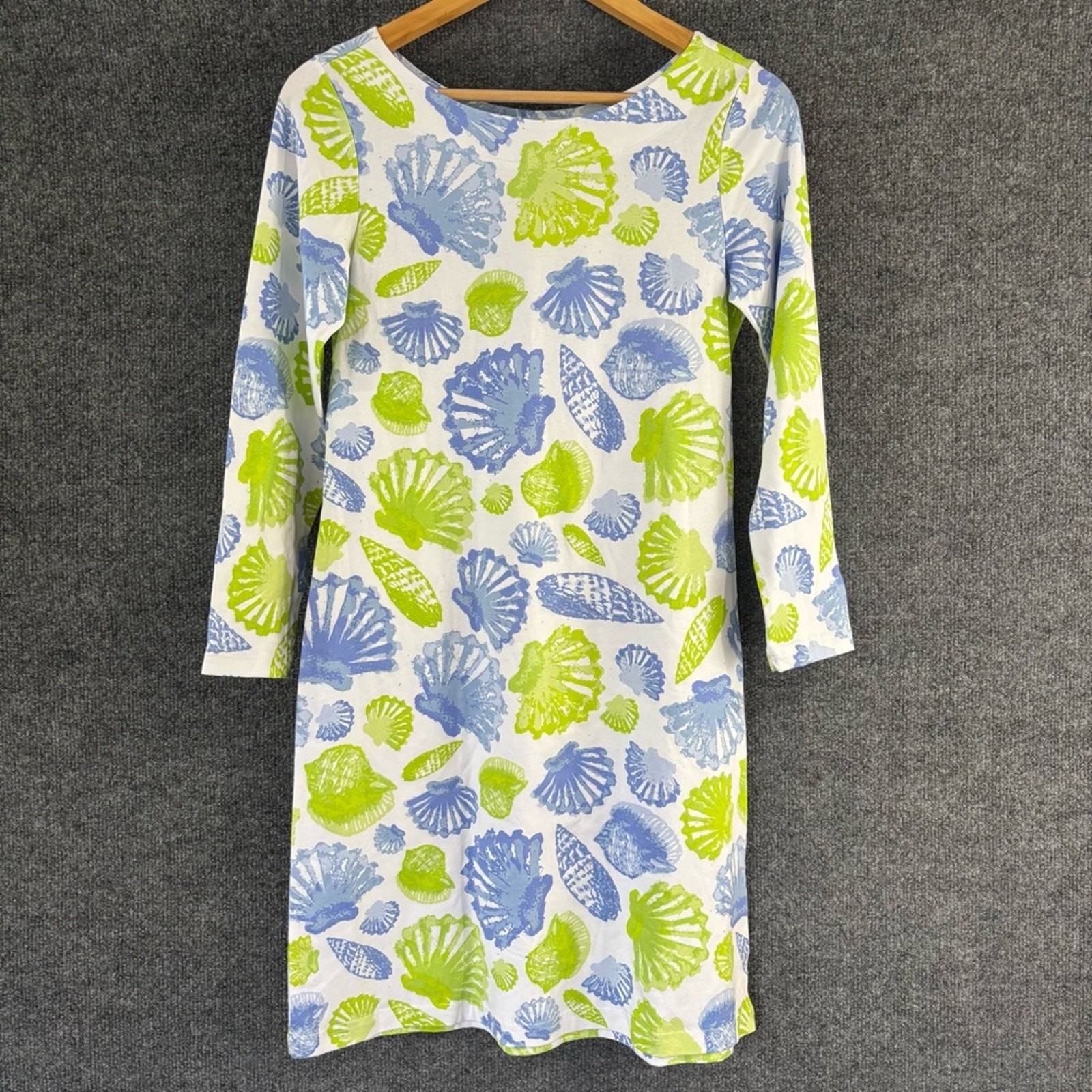 Ana Clare Womens Seashell Print Dress Size Small Green Blue 3/4 Sleeve Vacation