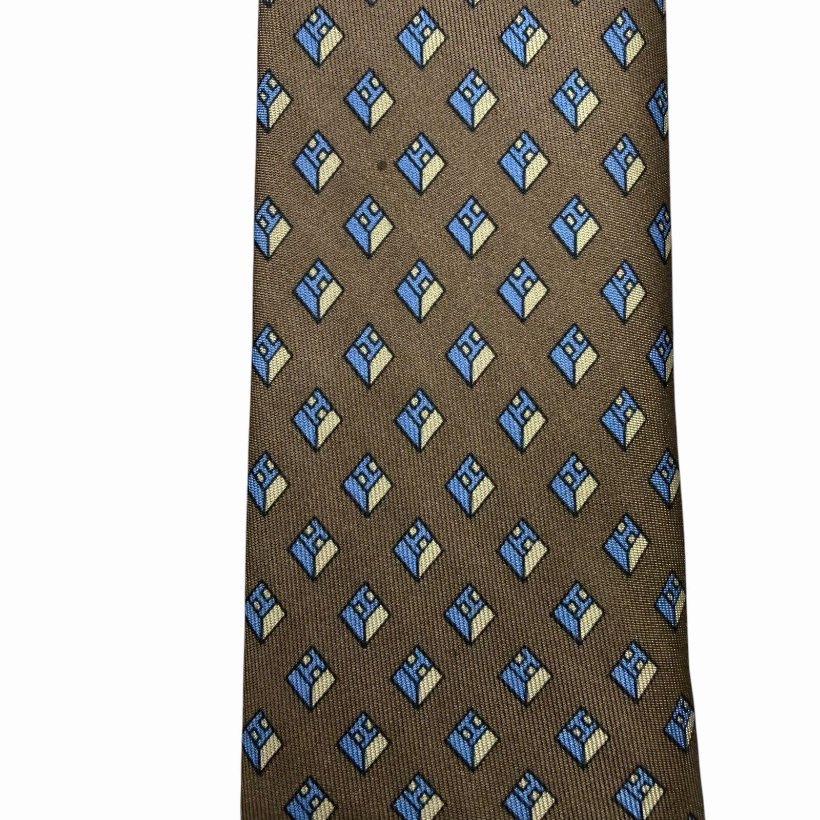 Hermes Men’s Vtg Tie Geometric “H” Logo Brown/Blue Silk 914 HA 3.25″ x 56.5″ euc