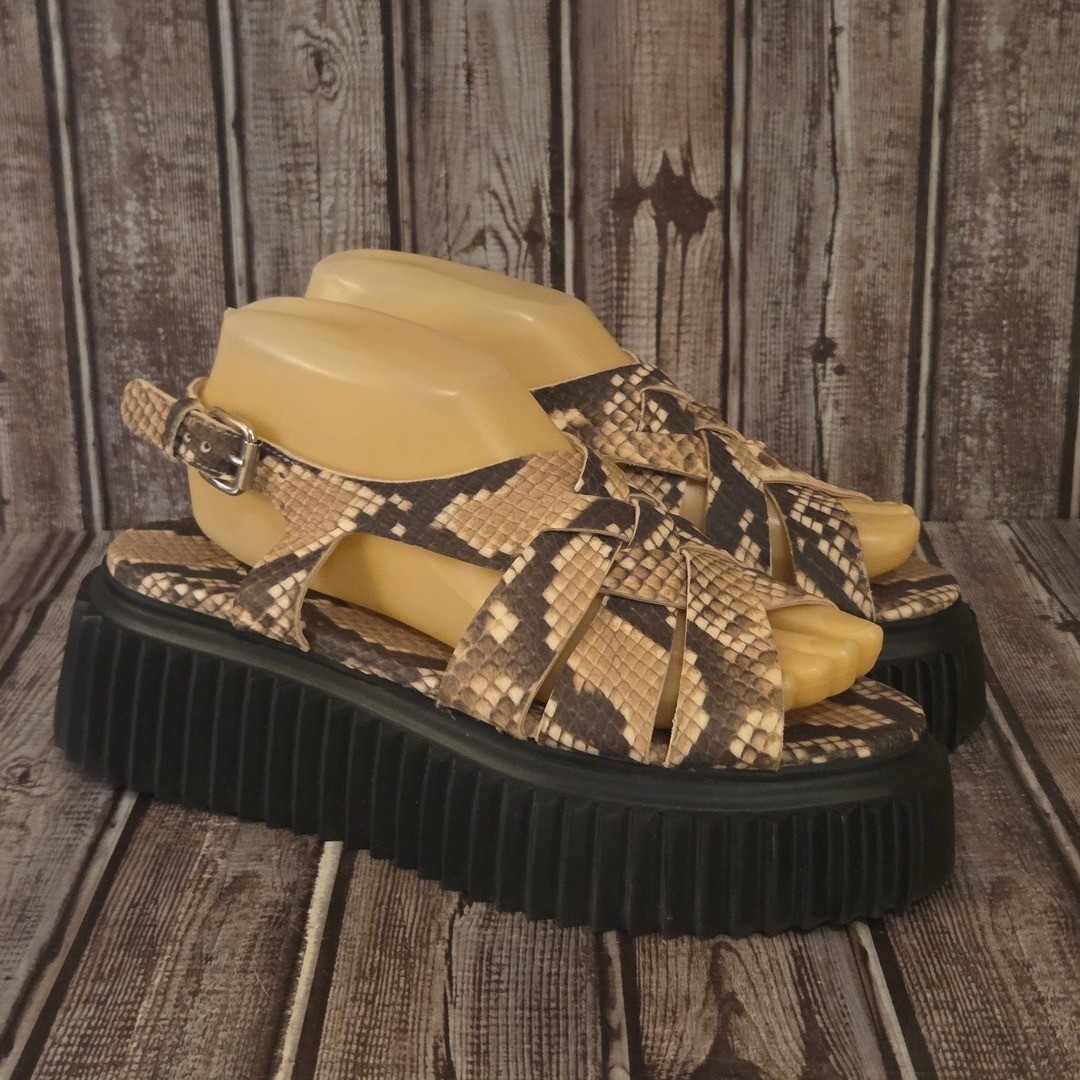 Sz 38/ 8 AGL Snake Print Woven Leather Platform Sandals Tan Brown Excellent