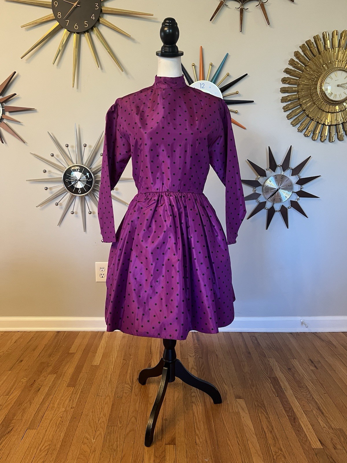 VTG 80s Willi Smith WilliWear 6 Taffeta Dress Purple Black Polkadots Pouf Skirt