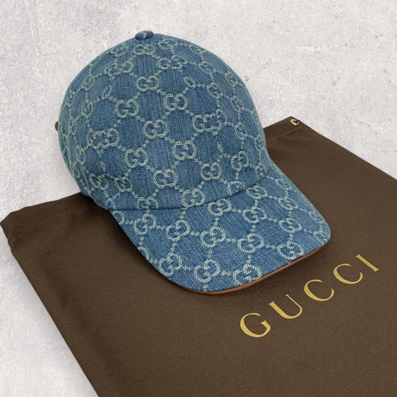 Gucci GG Monogram Logo Horsebit-Detailed Leather Denim Baseball Cap Blue Size M