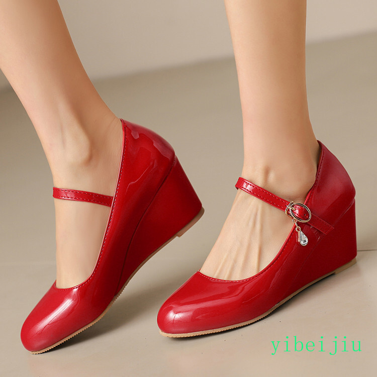 Women’s Mid Wedge Heels Mary Jane Shiny Leather Dress Wedding Shoes Rhinestone