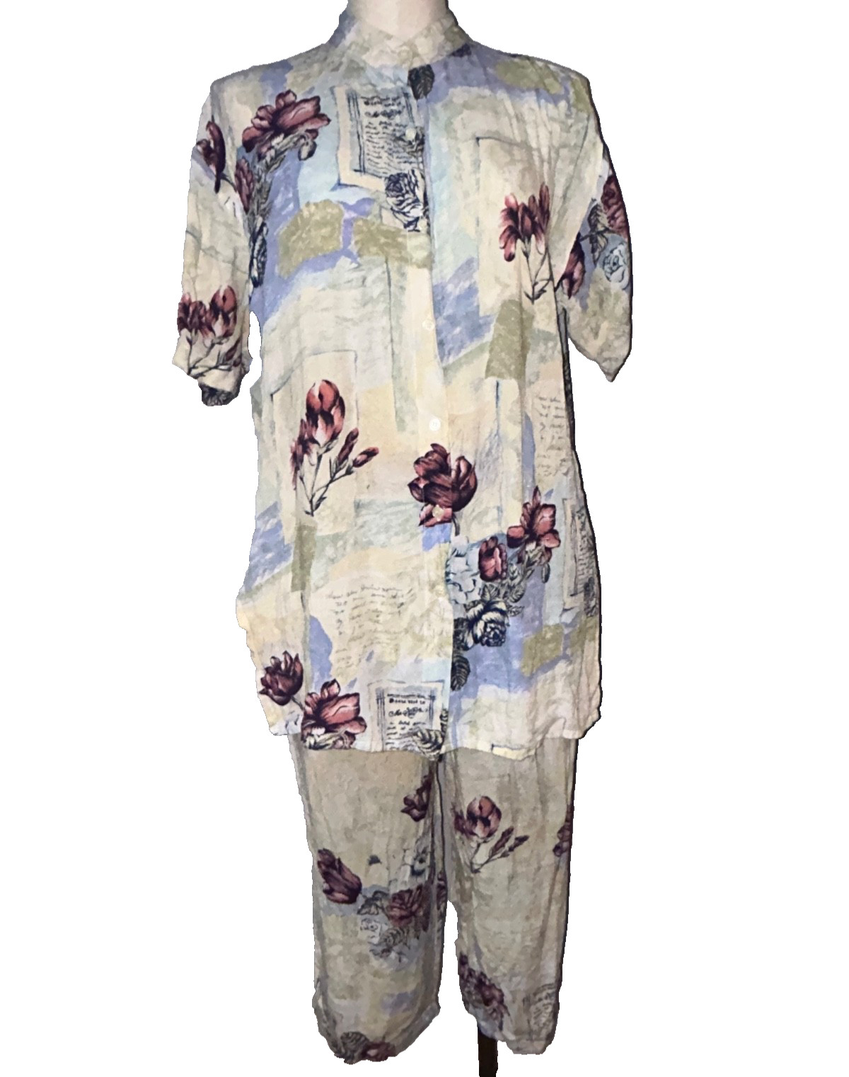 Capacity Women’s Vintage 2Pc Set Rose & Letter Print Top+Pants size S Rayon Boho