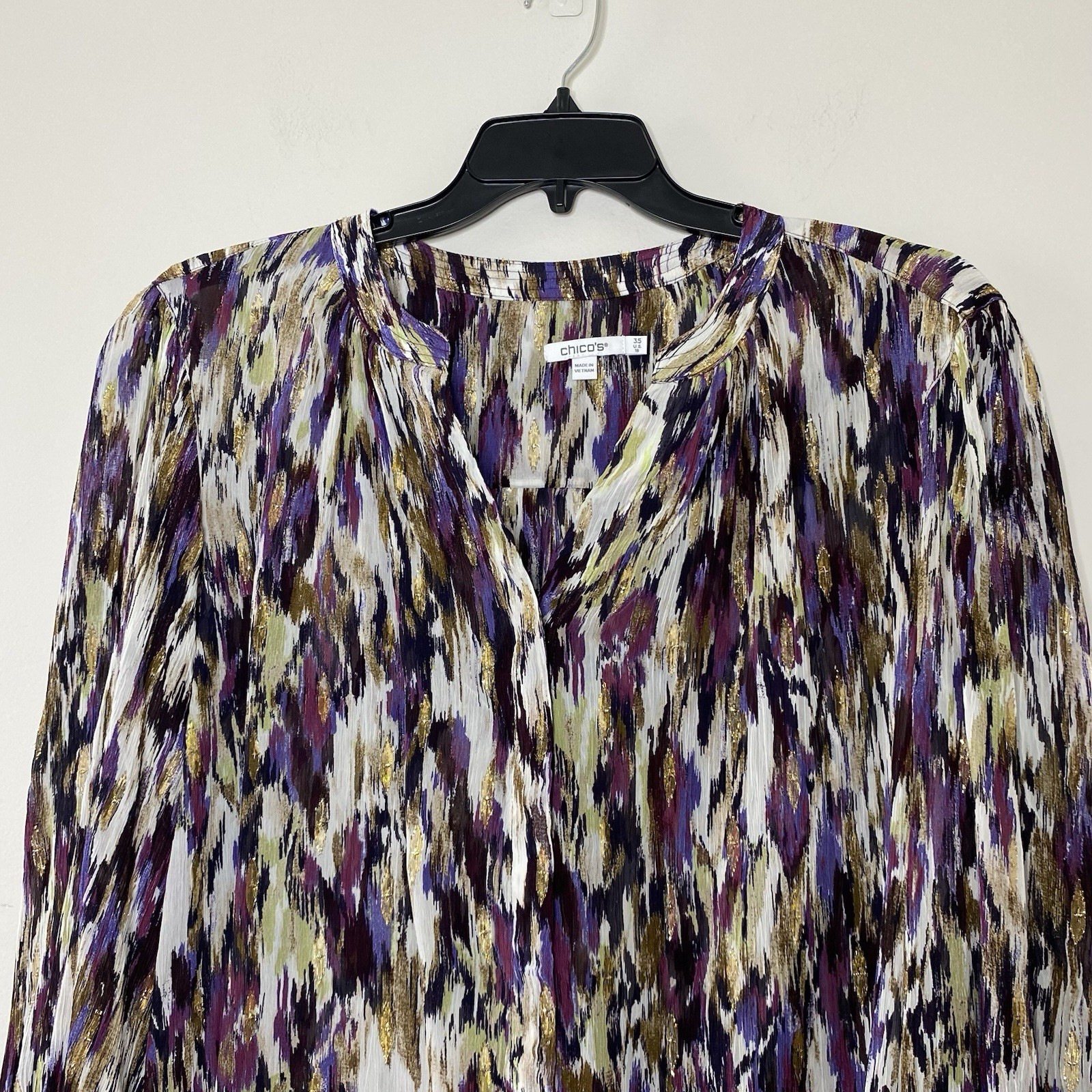 Chicos Purple Metallic Button Up Shirt Crinkled Semi-sheer Lightweight Sz 3.5/18